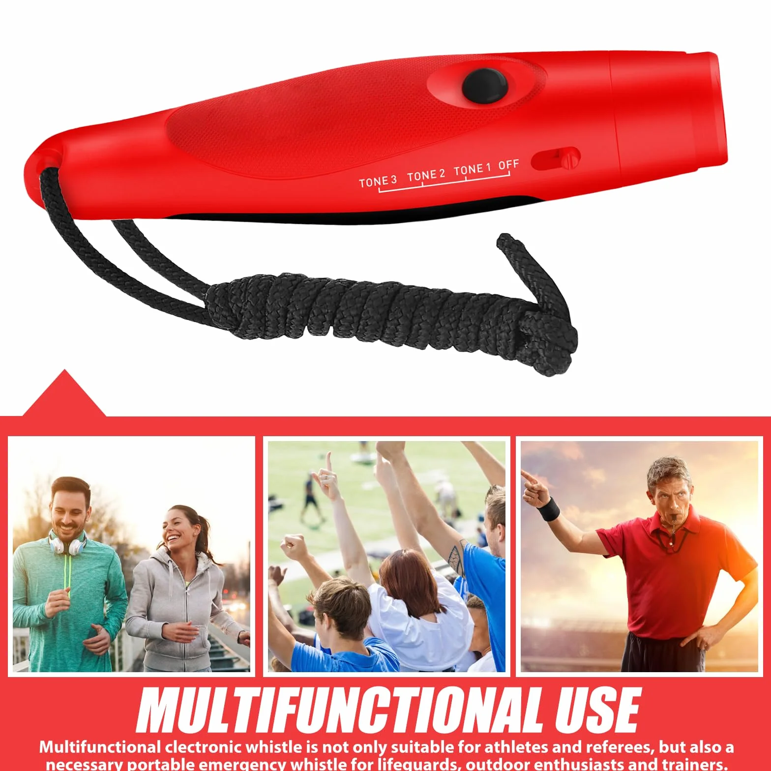 Silbato Electrónico Profesional 3 Tonos, Silbato de Árbitro Portátil Ajustable (Rojo)