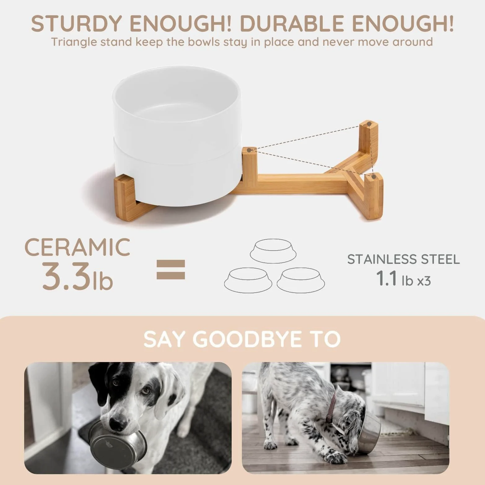 Cuenco for Perros y Gatos con Soporte de Madera, antiderrames, cerámica, for Comida Agua, for pequeños, Gris Grande