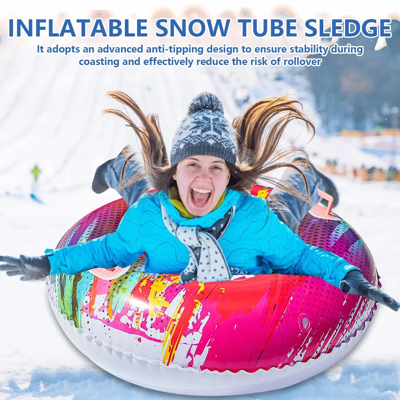 Trineo inflable 87 cm con asas, anillo de nieve engrosado antivuelco para adultos y niños