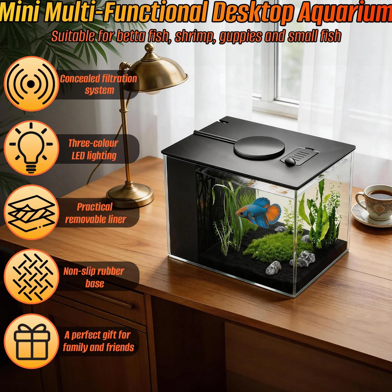 Mini acuario acrílico de 3,7 l con bomba de filtro, iluminación LED, pequeño acuario Betta, juego completo para peces pequeños, gambas y plantas (negro)