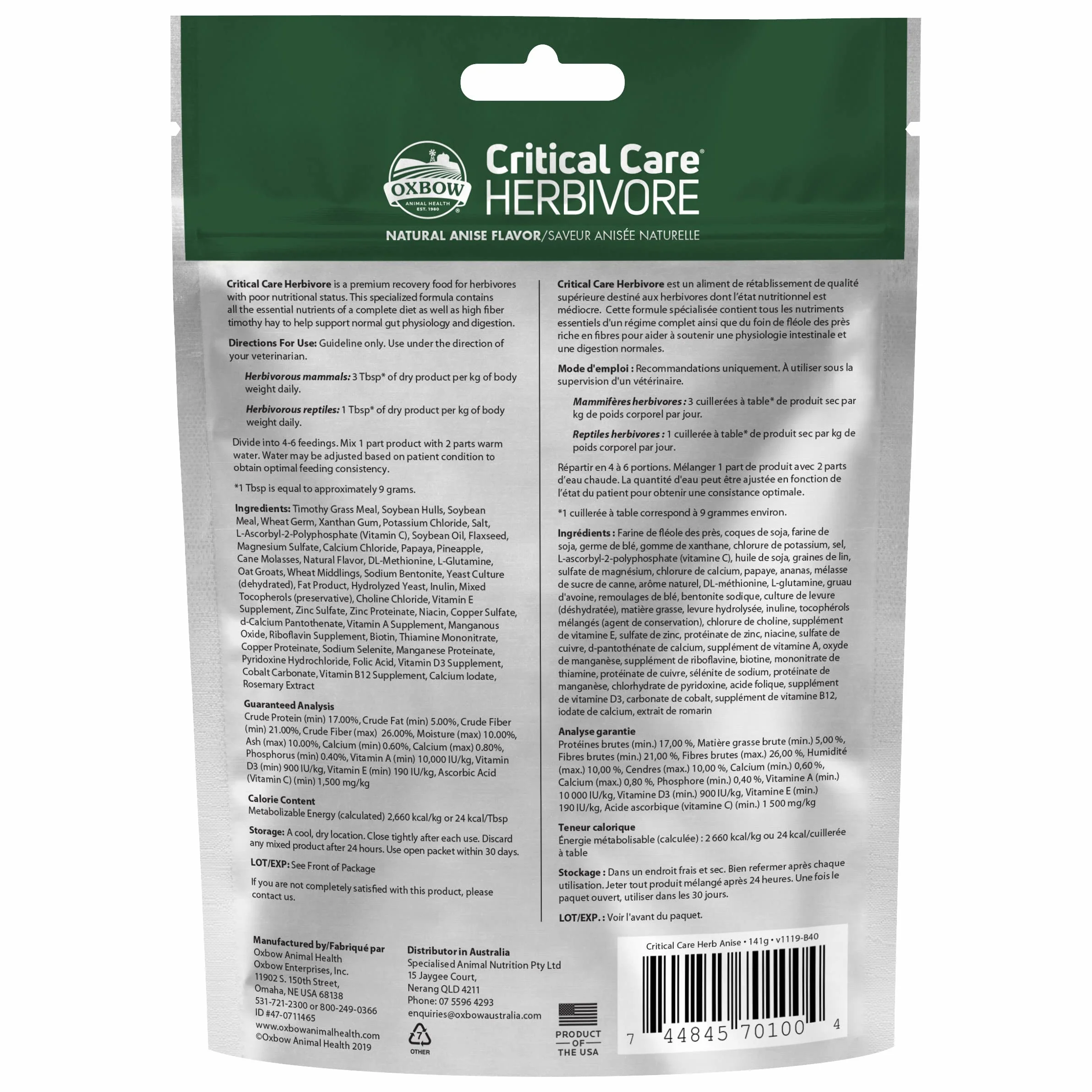 Oxbow Animal Health Critical Care, herbívoro, Sabor a anís, Bolsa de 141 Gramos (70100)