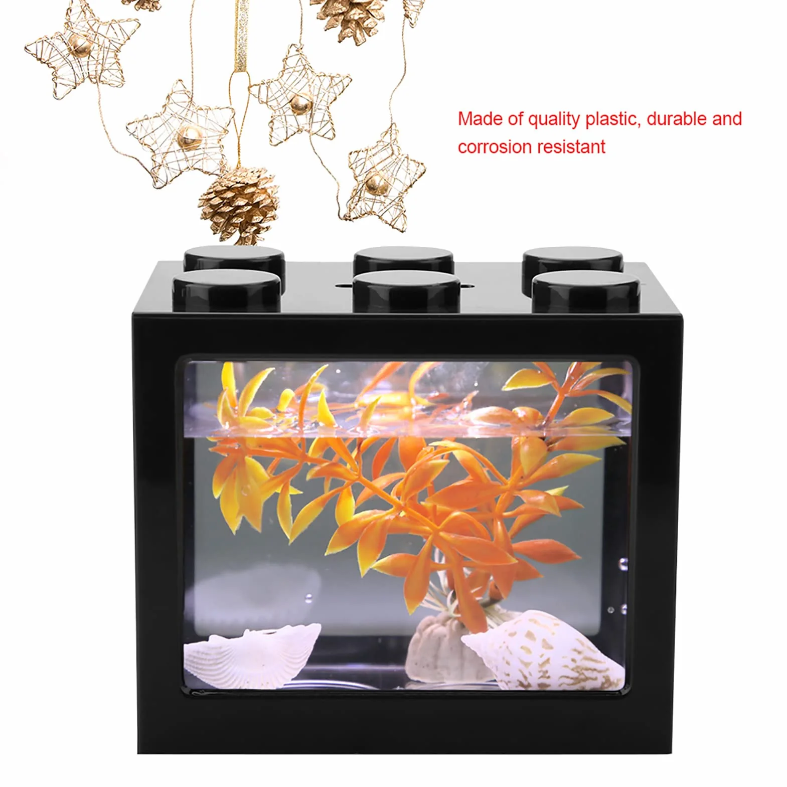 Qcwwy Mini Pecera Acrílica, Kits de Iniciación para Acuarios Mini Pecera Acuario Cubo Apilable Tanque Escritorio Mini Acuario Tanque Tazón con Luz LED USB(Negro)