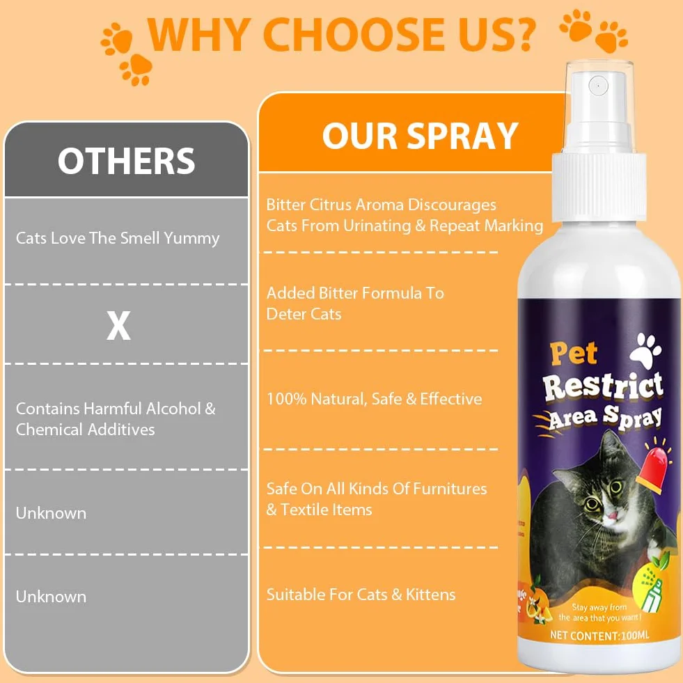 OSDUE Repelentes Orina Spray Gatos, 100ml Spray Antiarañazos Gatos, Evitar Pipi Cat, Eliminador de Olores, No Mancha, Frena los Malos Hábitos para Exterior e Interior Aroma Cítrico a Limón