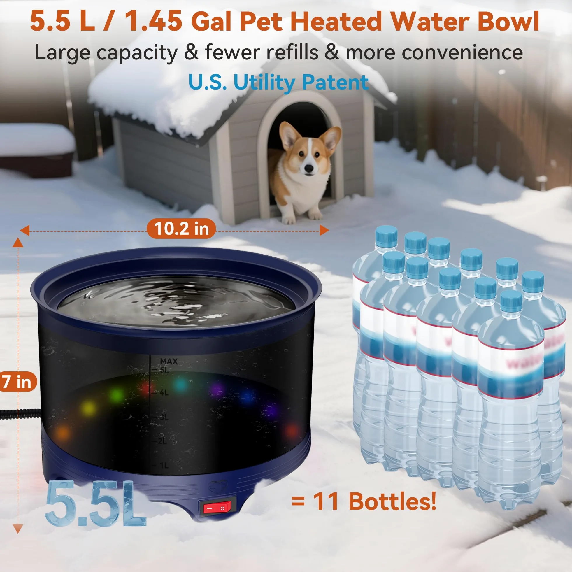 Cuenco de agua calentado para mascotas de 5,5 L, plato de agua calentado para perros, gatos, pájaros, pollos, reptiles y animales pequeños