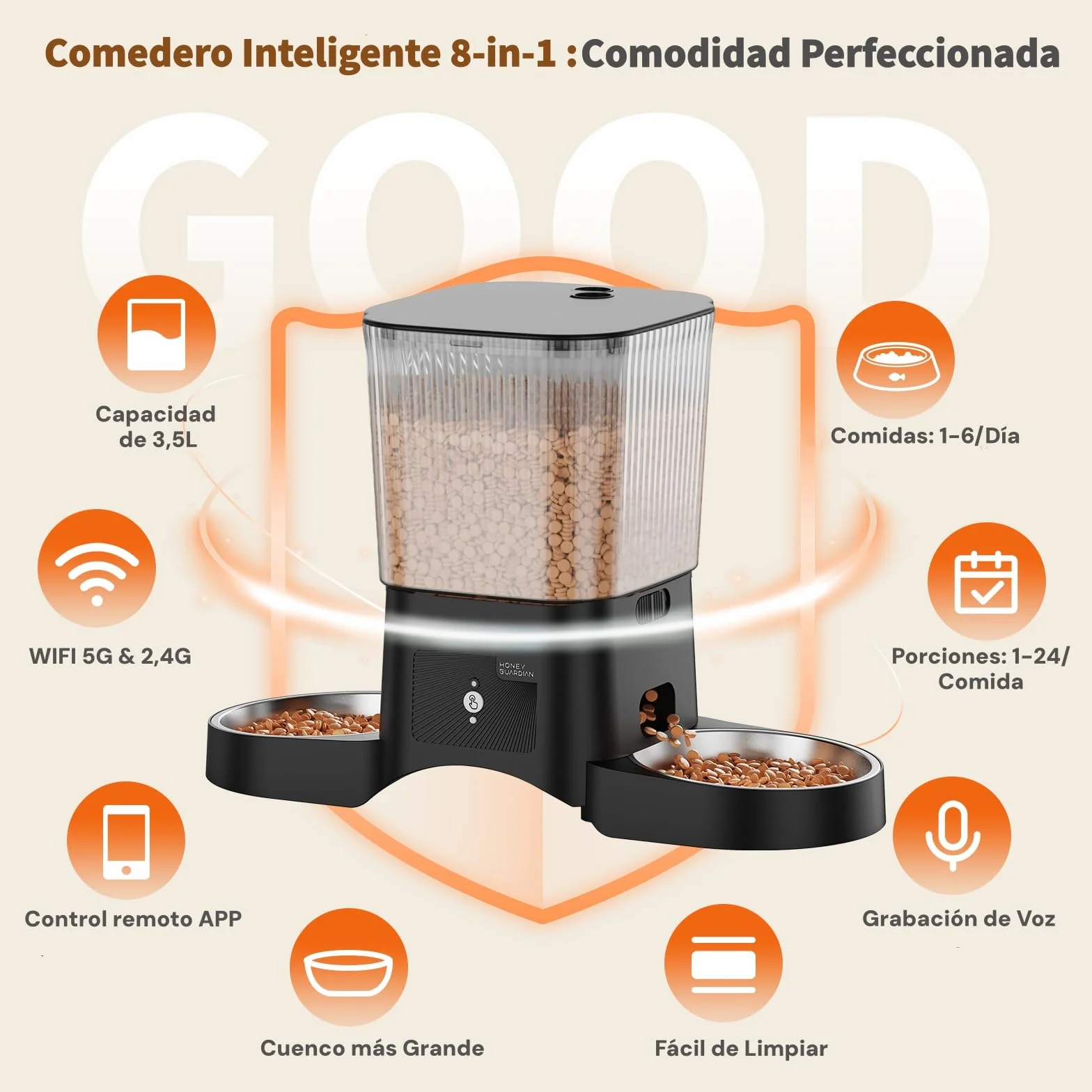 HONEYGUARDIAN Comedero Automático Gatos 2 Tazones, 5G/2.4G WiFi Dispensador Comida Gatos/Perros Automático, Control de App, 4 Pies Antideslizantes, 1-6 Comidas/día, Múltiples Mascotas, 3.5L Doble