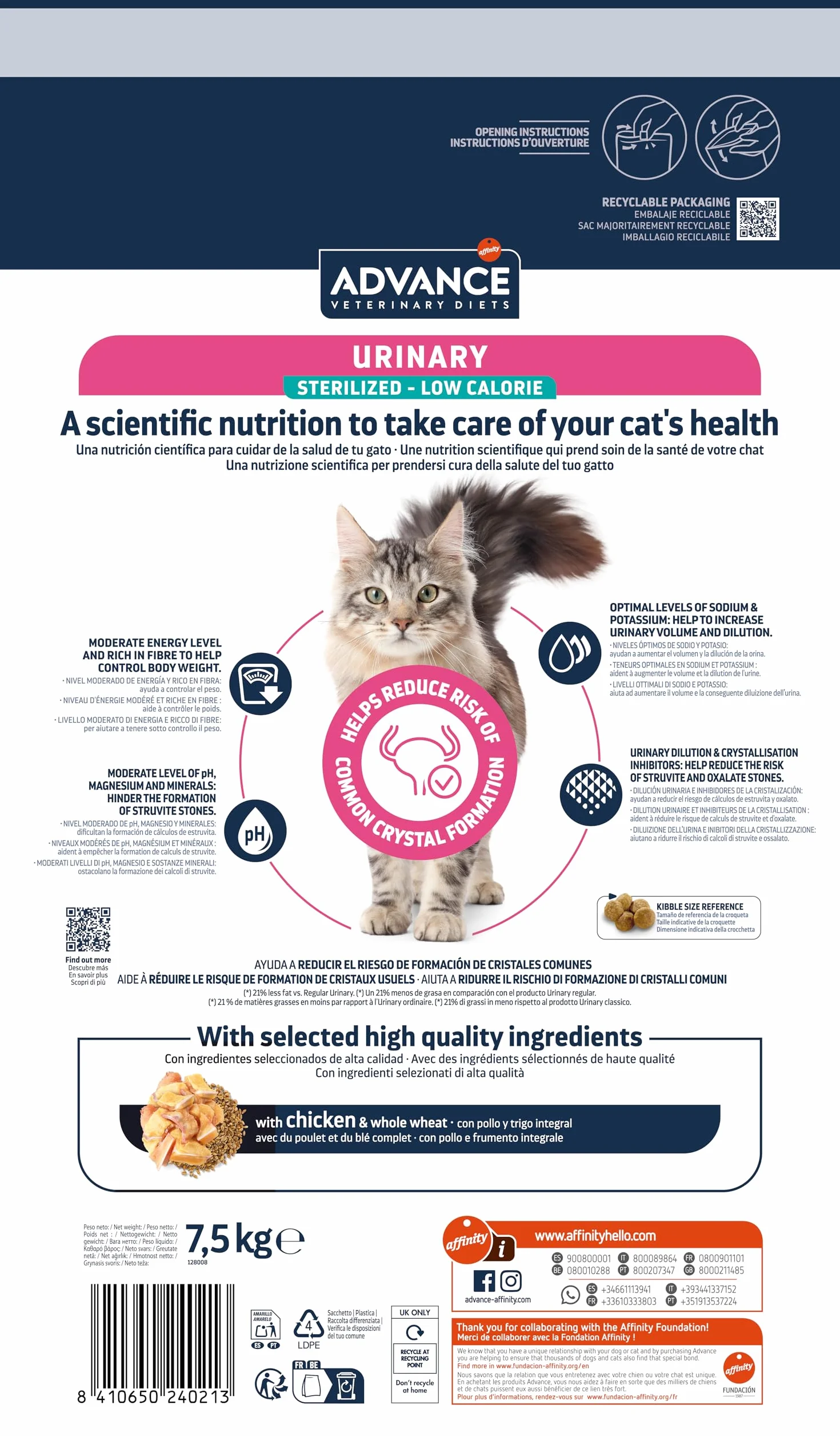 Advance Veterinary Diets Urinary Low Calorie, Pienso para Gatos para el Control del peso y protección de las vías urinarias, 7,5kg