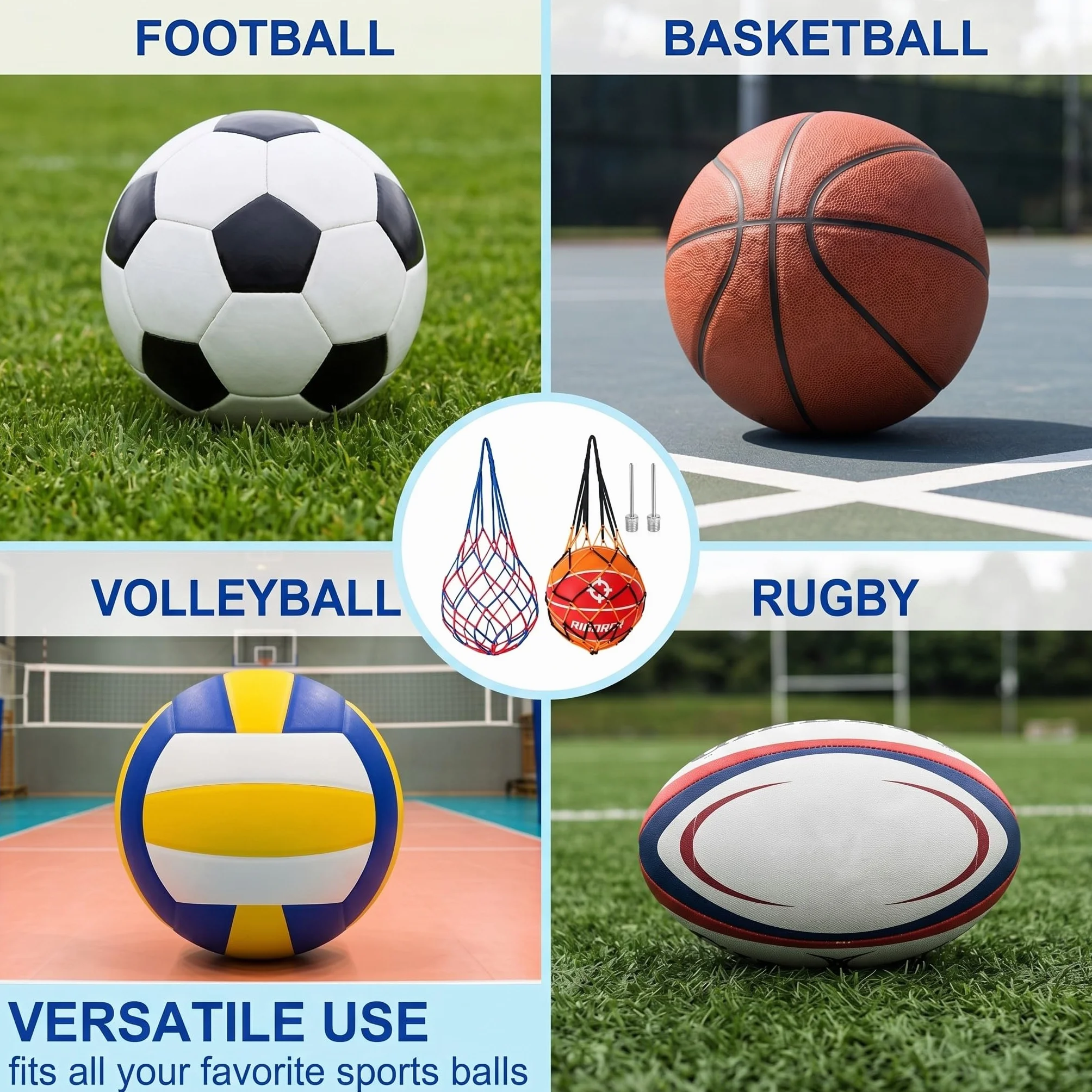 Redes para Balones + Agujas Inflables Malla de Nailon Resistente Fútbol Baloncesto Voleibol Kit Transporte