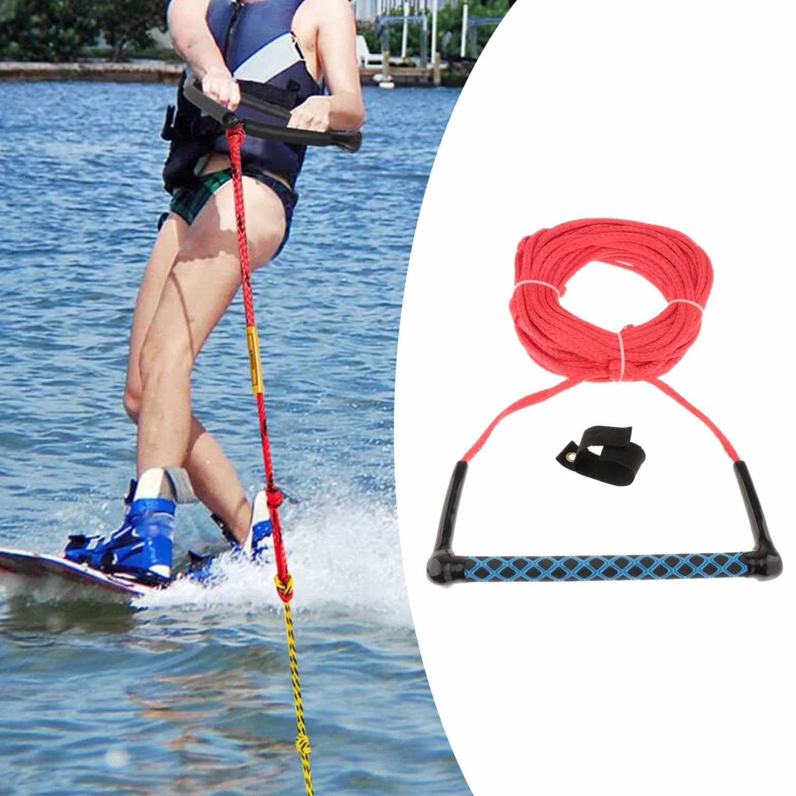 Cuerda para Esquí Acuático 23 Metros con Asa, Correa Portátil para Surf, Wakeboard, Roja