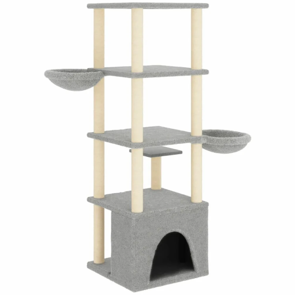 Árbol trepador de 147 cm de alto con 2 cuevas y troncos de sisal, color gris claro | Mueble para gatos de varios niveles para el salón con cómodas superficies de descanso de felpa suave y base resistente.