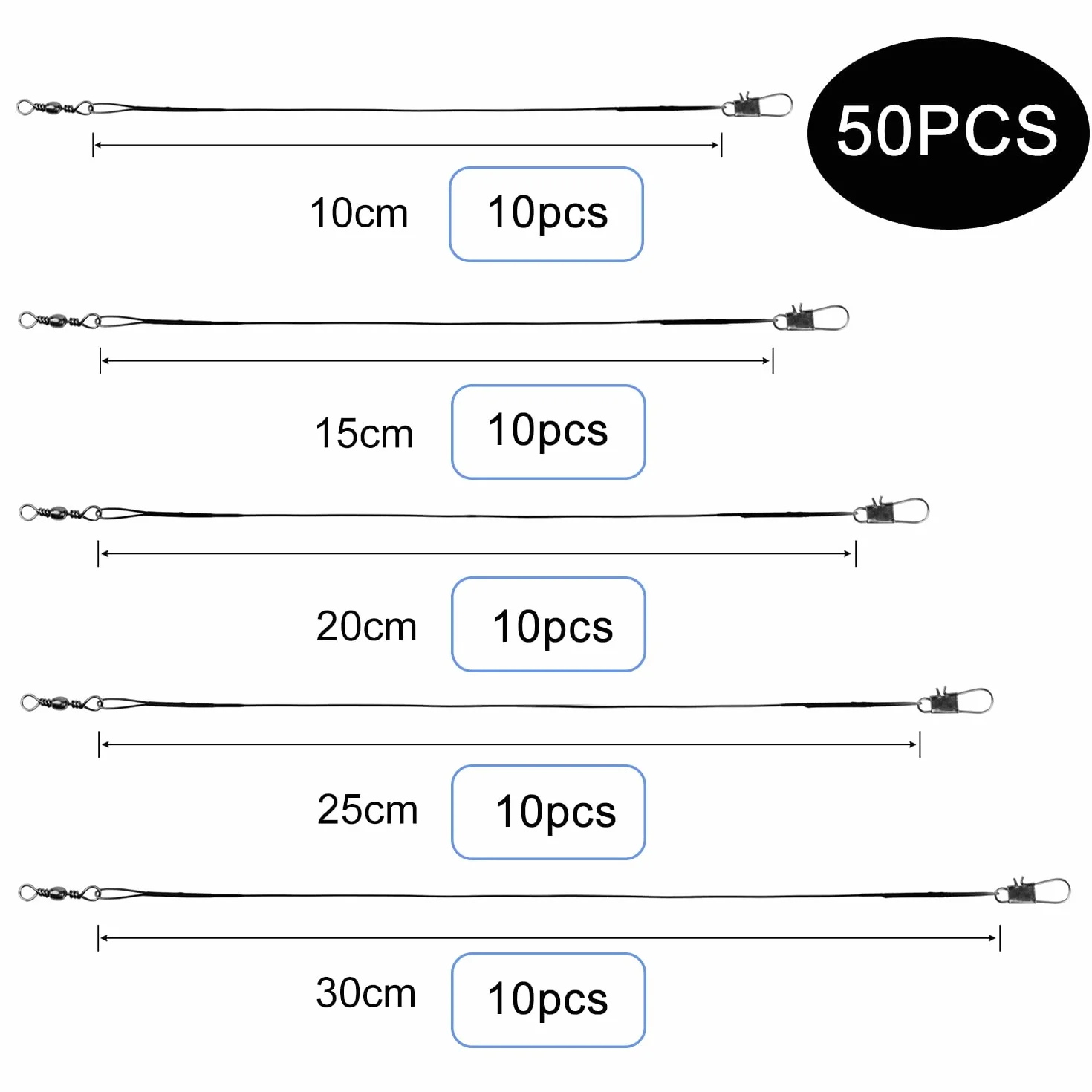 Línea de Pesca Antimordeduras de Acero Inoxidable 50 Unidades 10cm 15cm 20cm 25cm 30cm para Agua Salada y Agua Dulce