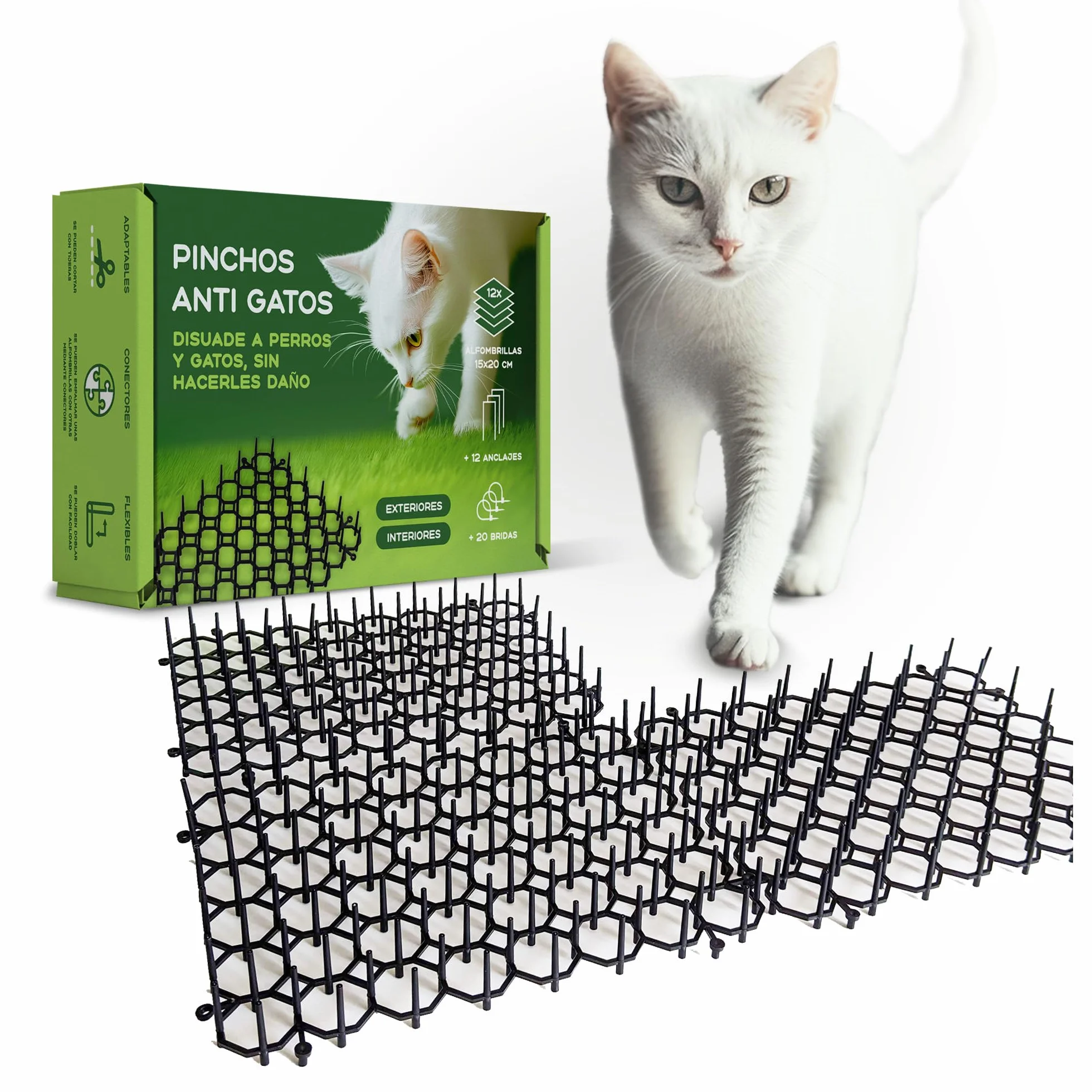 Pinchos Anti Gatos, 12 Alfombrillas 15x20cm + 12 Anclajes + 20 Bridas. Repelente para Gatos Jardin, para Interior y Exterior Mantiene Alejados a los Gatos (12 Alfombrillas 15x20 cm)