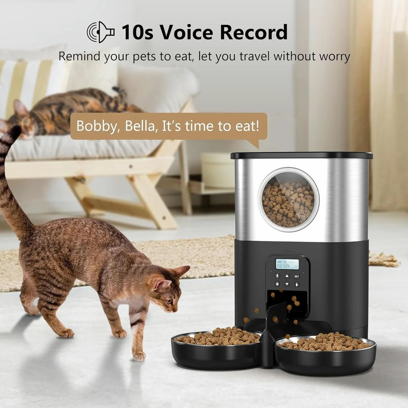 Sorandy Comedero Automático para Gatos, Comedero para Gatos de 5 litros de Capacidad, Cuantitativo Temporizado con Cuencos de Acero Inoxidable y Ventana Grande para Comprobar el Nivel de Alimentos,