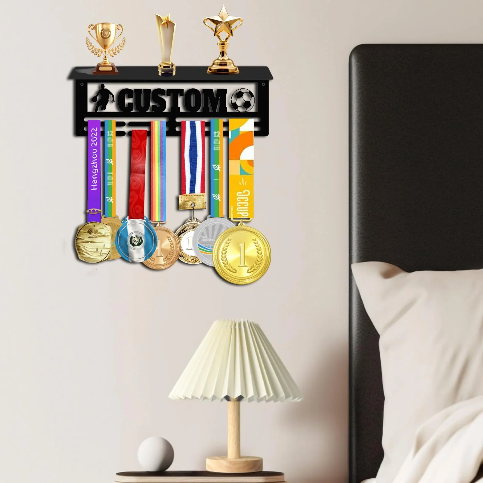 Perchero de medallas personalizado de acero, estante para premios y cintas, soporte de pared con diseño de nombre y deporte