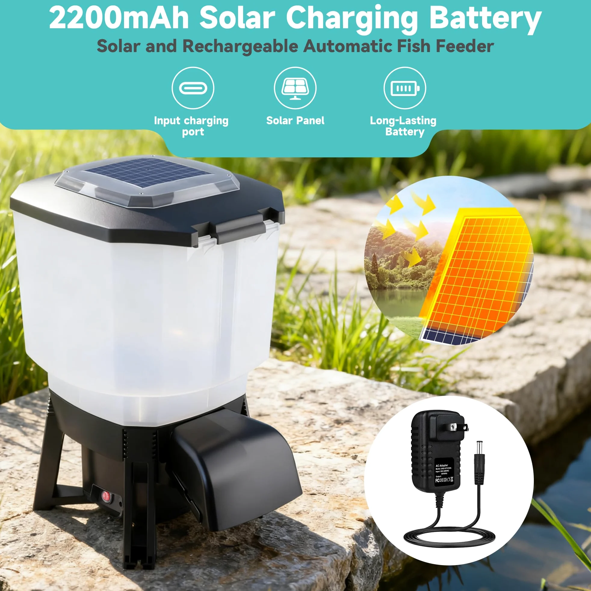 Alimentador solar automático de peces para estanque, alimentador automático de peces Koi para exteriores | Gran capacidad de 23 L, temporizador automático programable, batería y energía eléctrica de CA