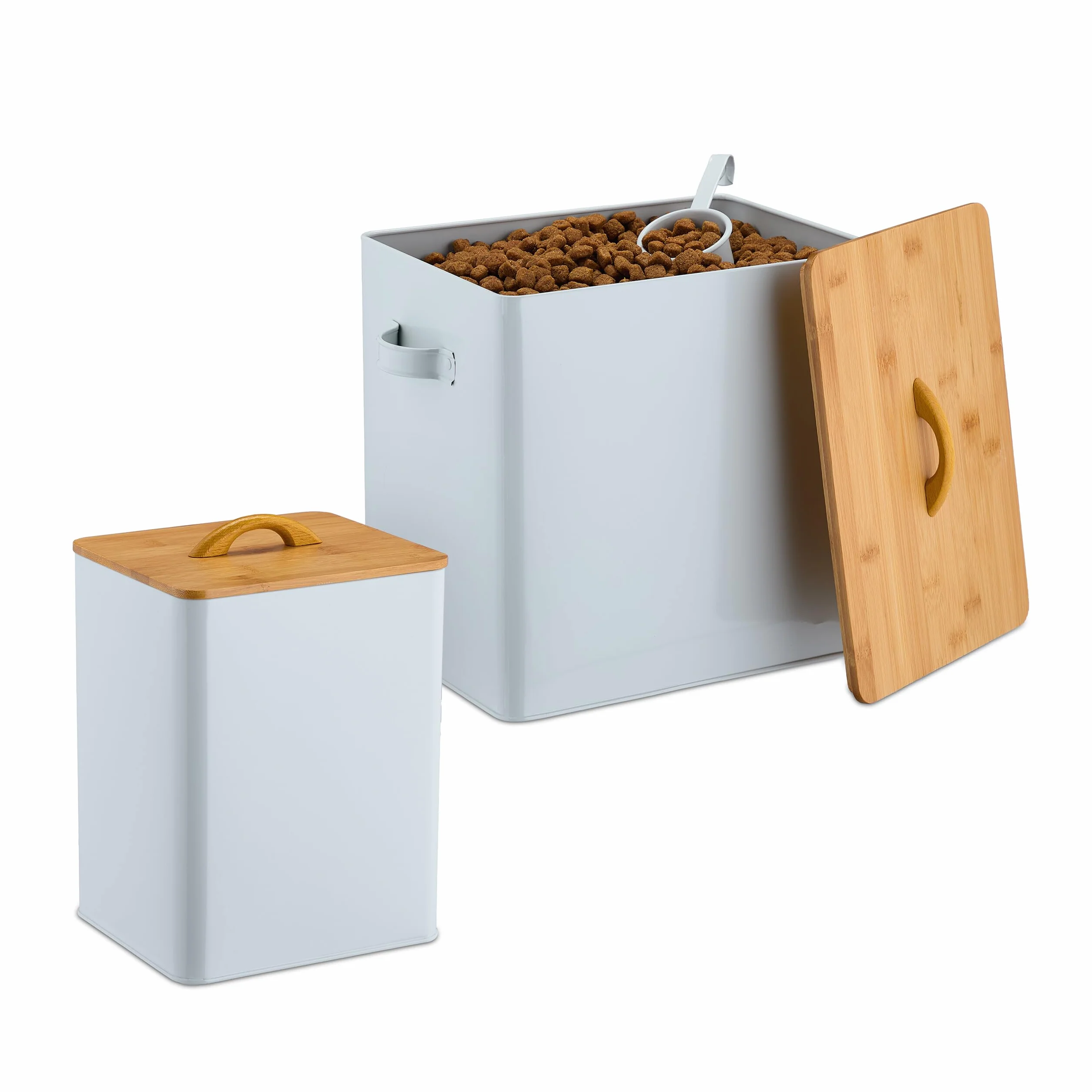 Relaxdays Pack 2 Recipientes de Comida de Mascotas, con Tapa de Bambú y Cuchara, Contenedores Pienso, Blanco y Natural