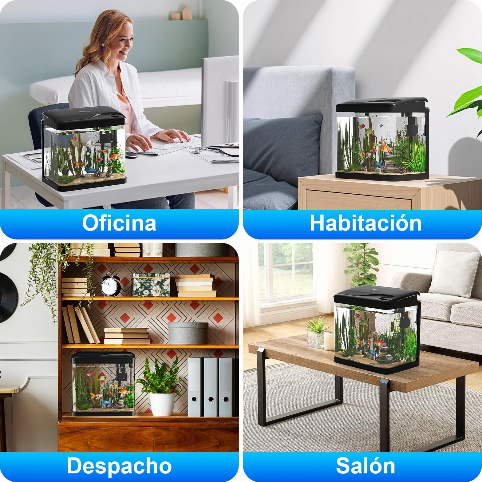 15L Acuario de Cristal Acuarios y Peceras Completas,con Sistema de Filtrado Integrado e Iluminación LED,Acuarios de Iniciación, Negro