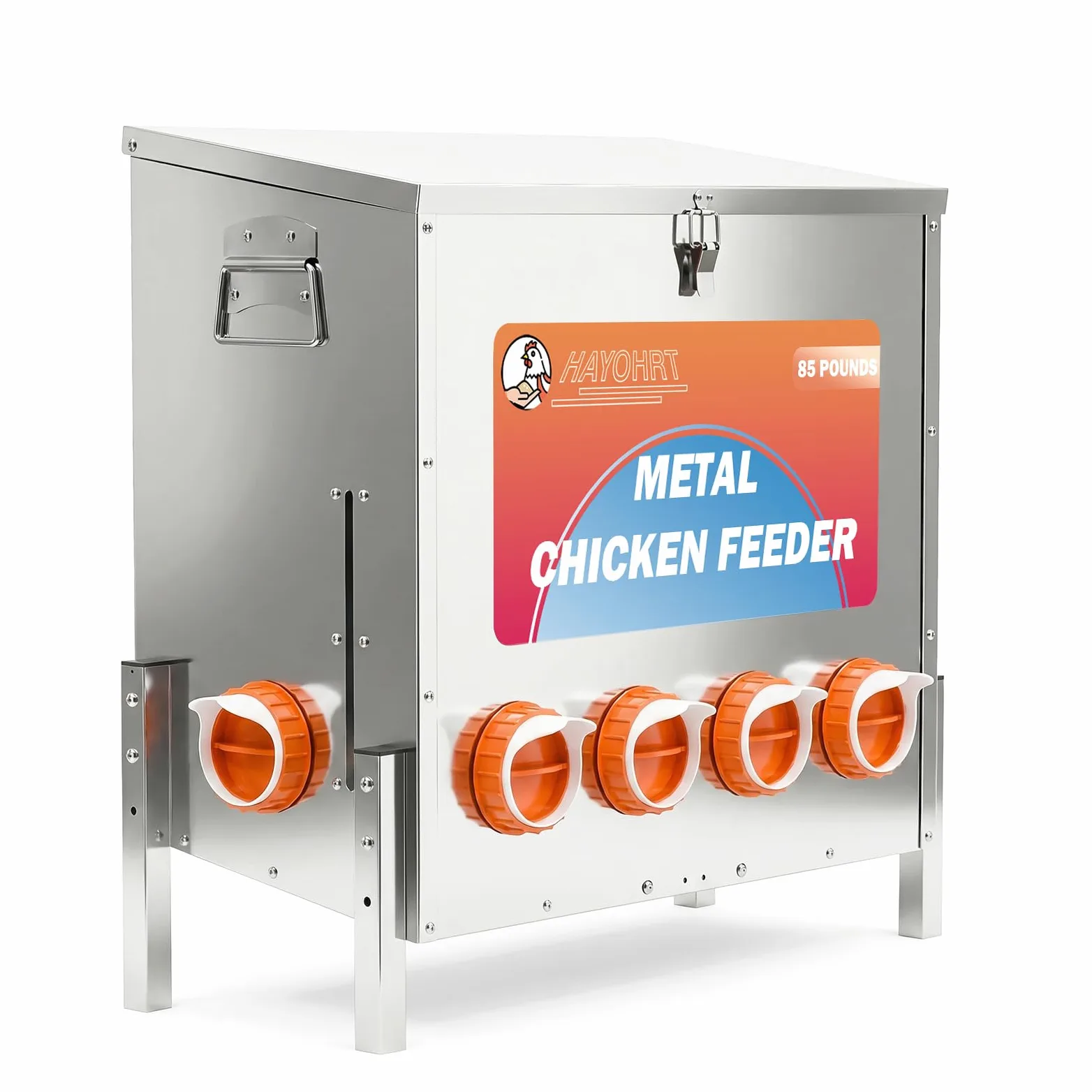 Alimentador automático de pollos de 85 libras, 6 puertos, alimentador de pollo alimentado por gravedad grande con patas ajustables, pestillo de ventana y mango para pollos, bantamos, faisanes