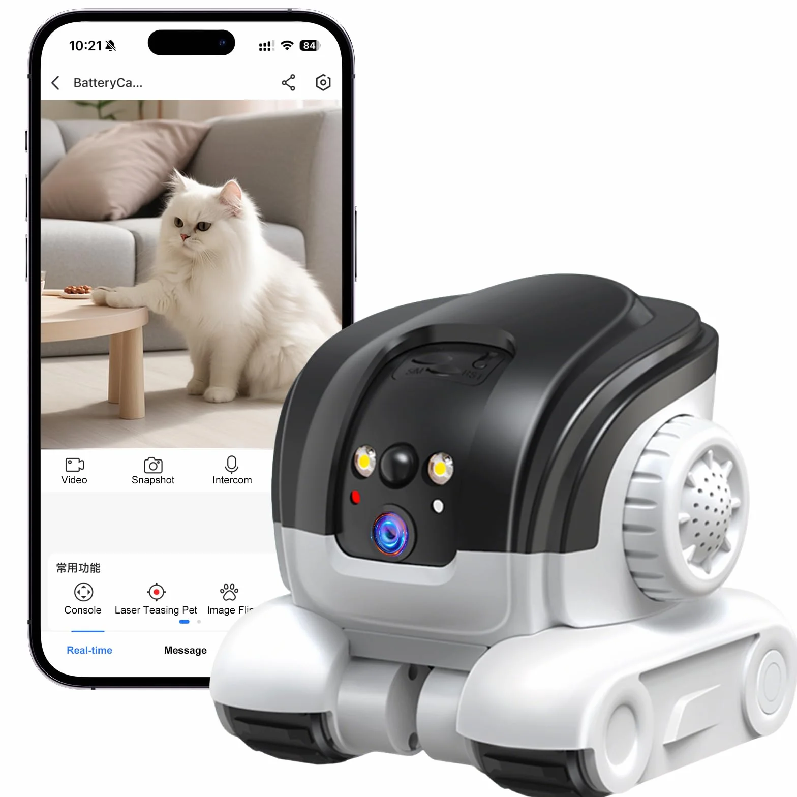 Robot Camera, 1080P Duales Cámara Robot para Mascotas con Audio 2 vías, Visión Nocturna, Reconocimiento de Movimiento, Grabación de vídeo, Control de Aplicaciones para Gatos, Perros, Bebé