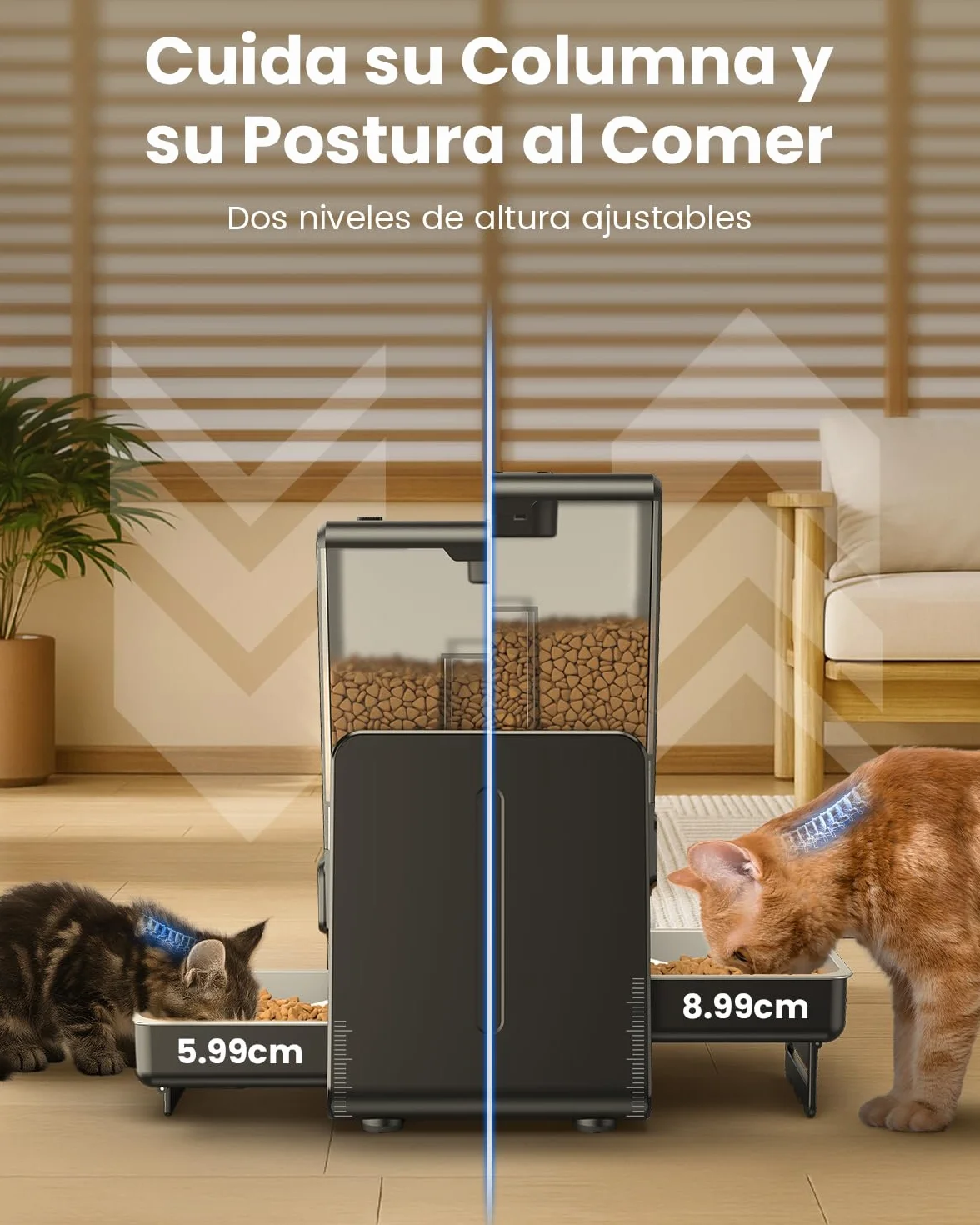 Comedero Gato Automatico con Control App para 2 Gatos, Altura Ajustable para Mascotas Pequeñas, Dispensador Comida Gatos de 5 litros para Alimento Seco, Grabadora de Voz