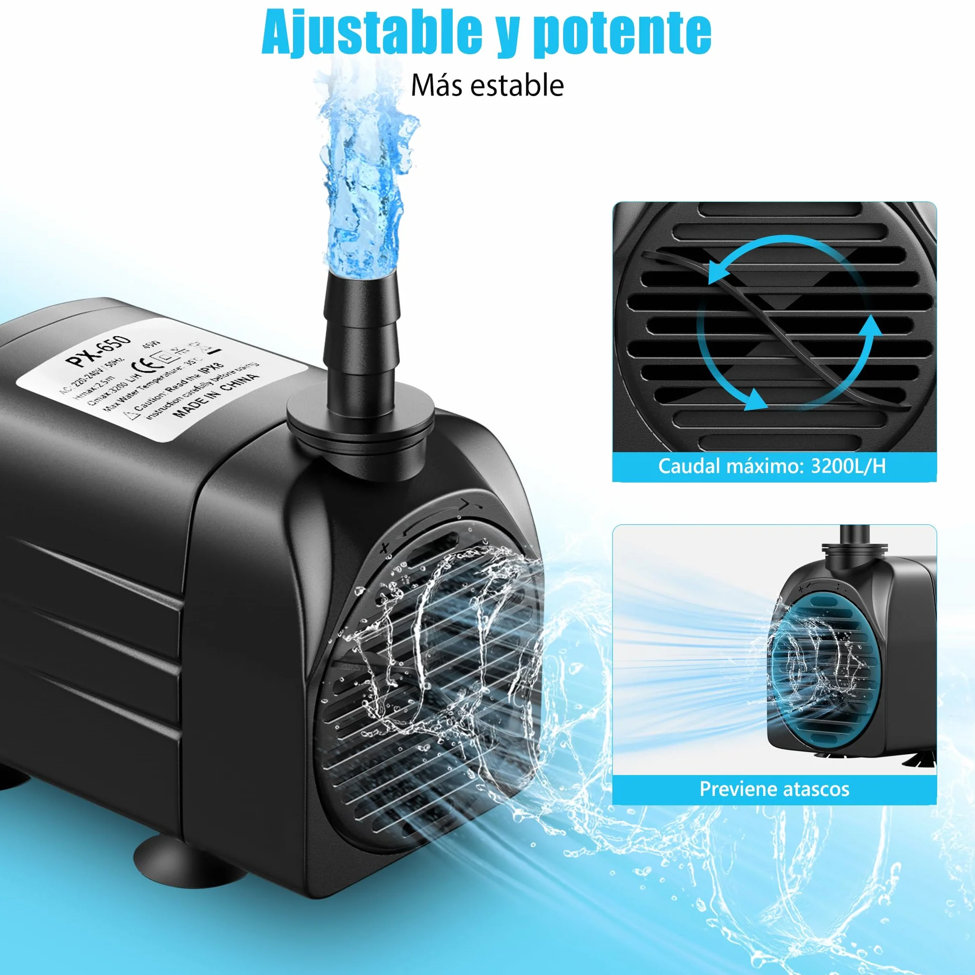 Lniz Bomba de agua 45 W 3200 L/H Bomba de acuario ultra silenciosa, bomba sumergible con 1,8 m, cable, 4 boquillas bomba de agua para fuentes, jardines, bañeras, estanques