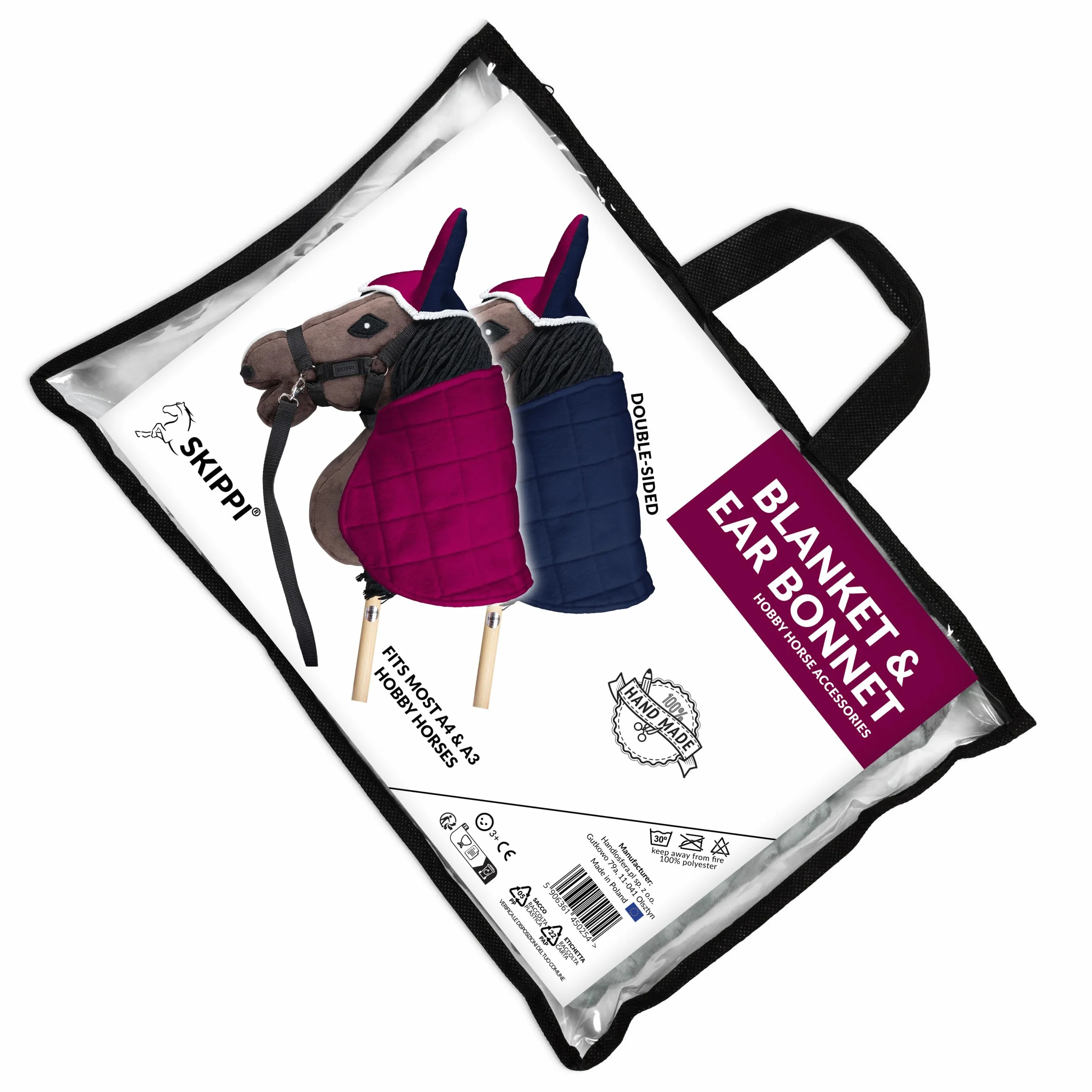 SKIPPI Manta y Orejeras para Caballo Hobby Horse – Fucsia y Azul Marino, Hobby Horse Accesorios, Manta Reversible y Orejeras Antimoscas para Caballo de Palo, Hobby Horsing