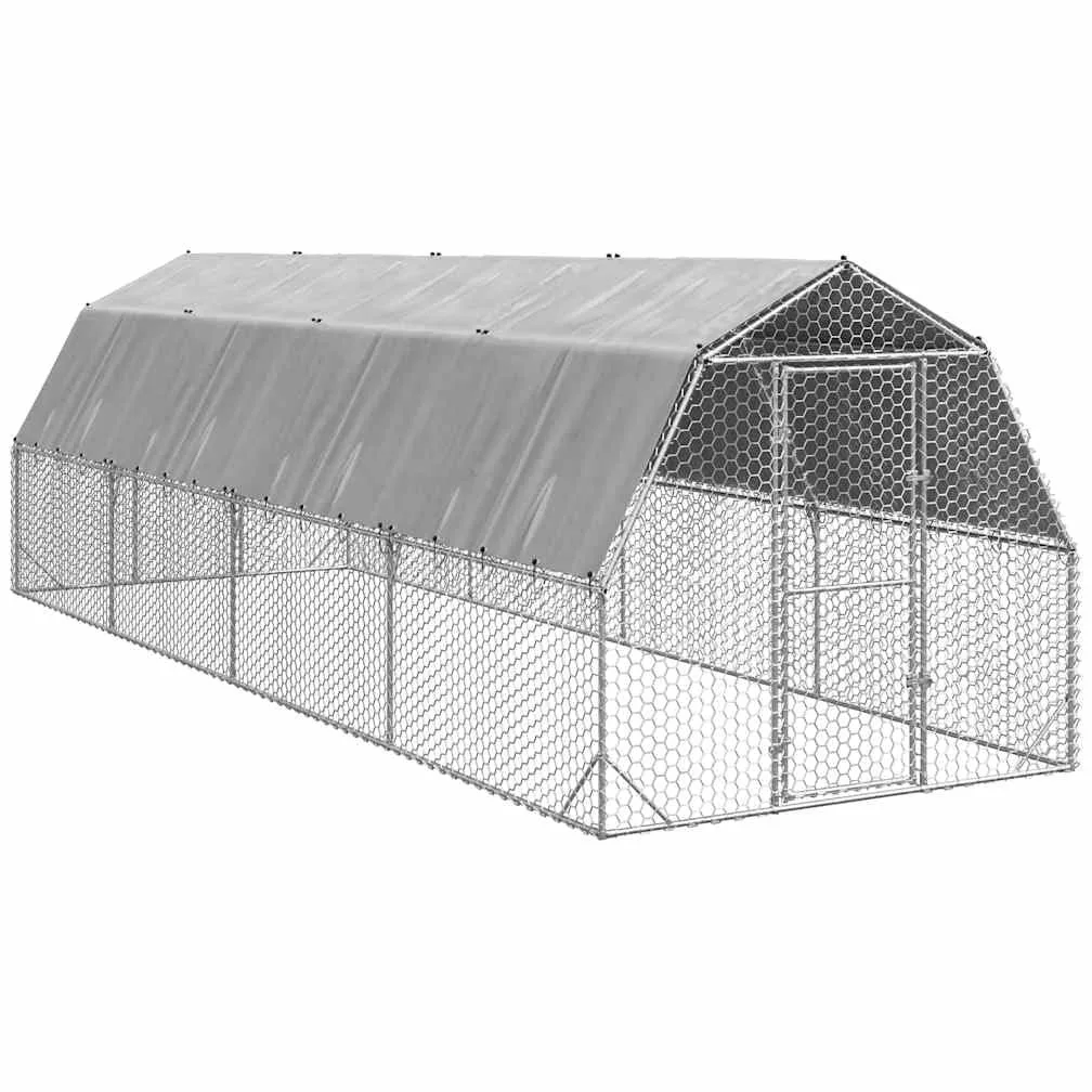 Gallinero de 2,5 x 8 x 2,25 m, con techo, para gallinero, de acero galvanizado, para aves de corral, patos, gansos, cercado estable con malla de alambre y puerta