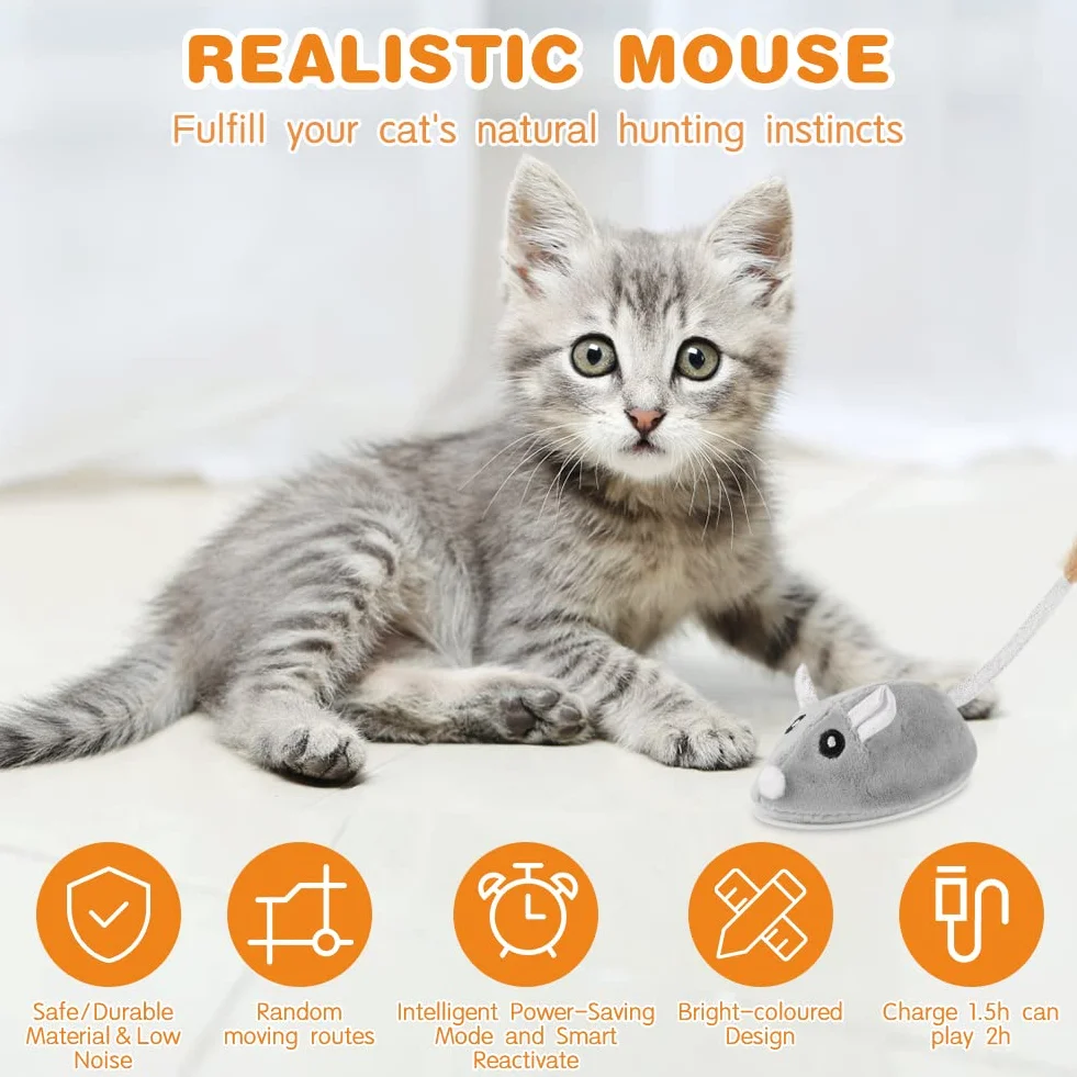 Ratón de Juguete Eléctrico, Juguete Eléctrico para Gatos Peluche Ratones, Inteligente Automático Ratones de Juguete para Gatos con Cola Emplumada, Carga USB Ratones Juguete de Gato Interactivo