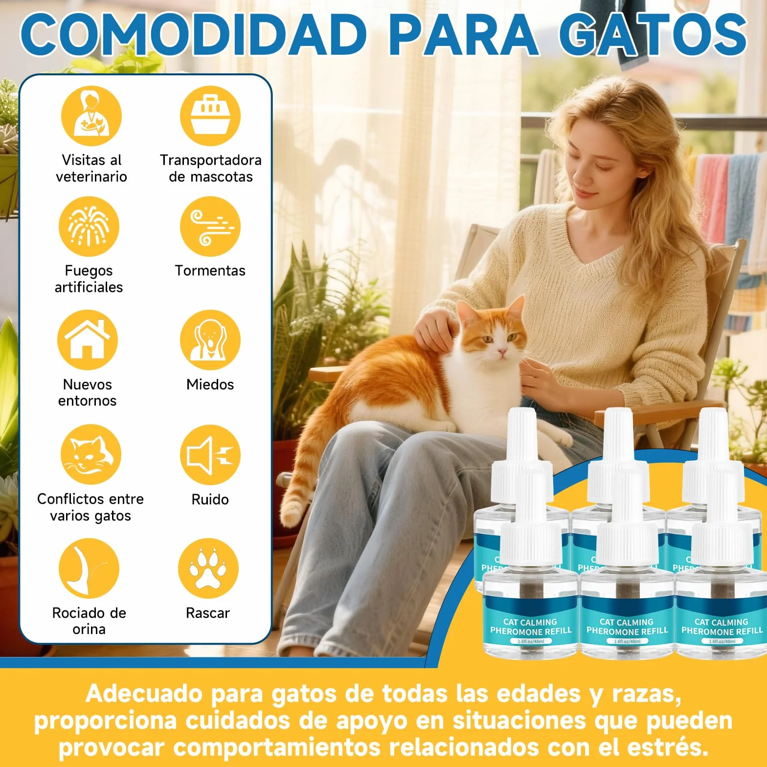 VICSOM 6 Recambios Calmante Feromonas para Gatos, Compatible con Difusores Comunes, Kit Difusor Feromonas Gatos 180 Días para Estrés, Relajación y Ansiedad, para Gatos y Gatitos (48 ml por Recarga)