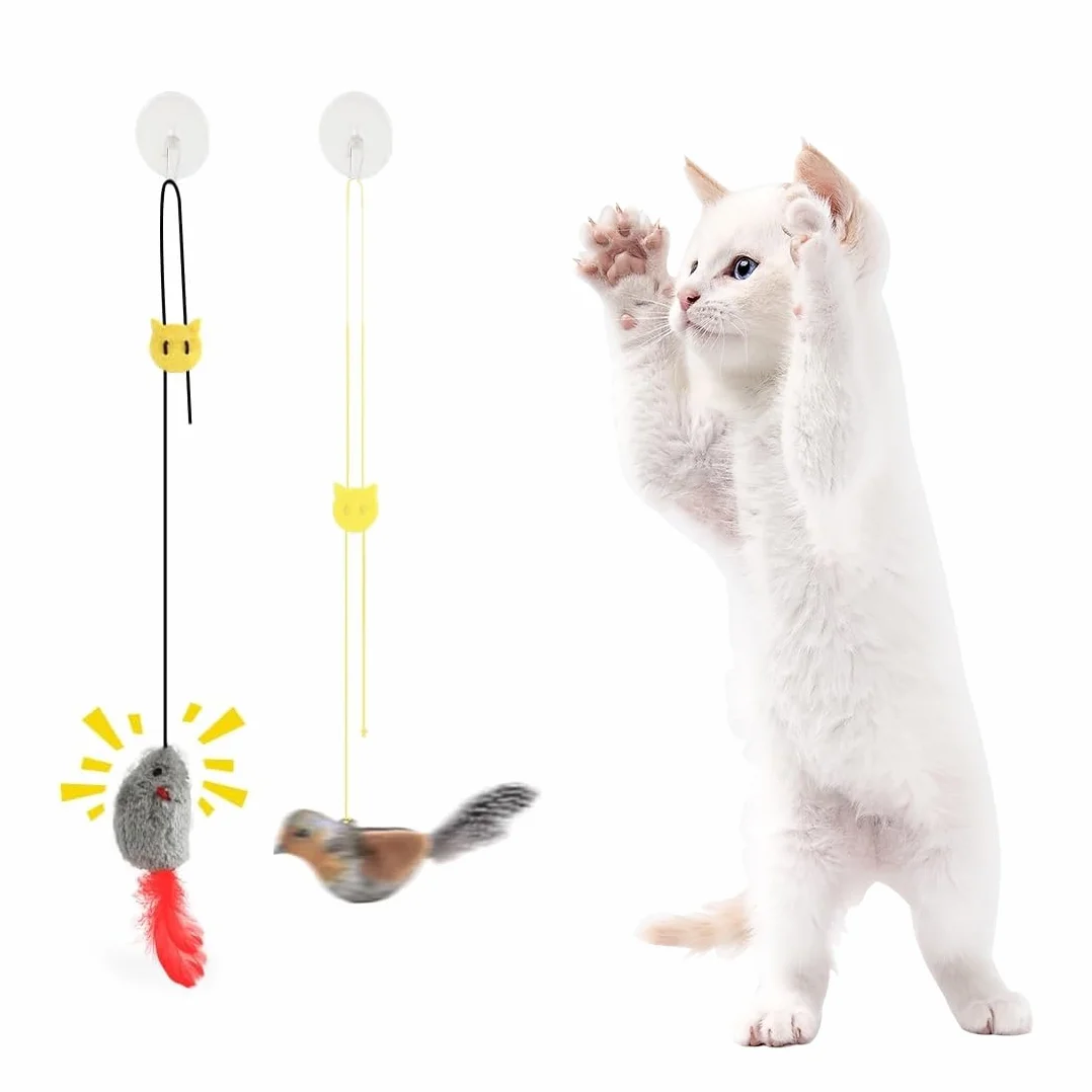 2 unidades juguetes interactivos para gatos, ratones colgantes con plumas y sonido realista, para marco de puerta, sin baterías, cola de ratón con plumas