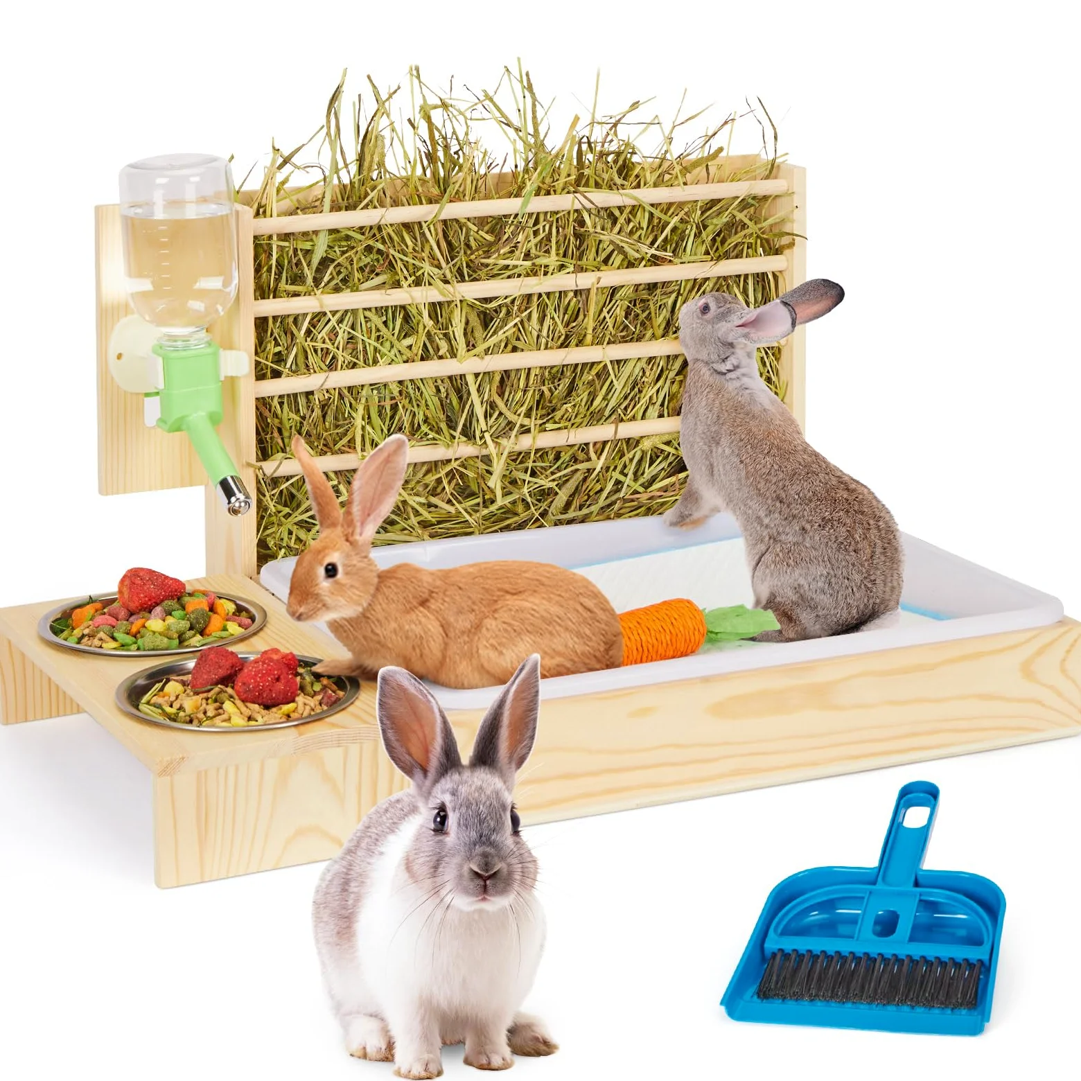 Comedero de heno para Conejo con Caja de Arena, Estante de heno para Animales pequeños con Botella de Agua y 2 Cuencos, Soporte de heno de Madera para Conejo, cobaya, hámster, Erizo, Chinchillas