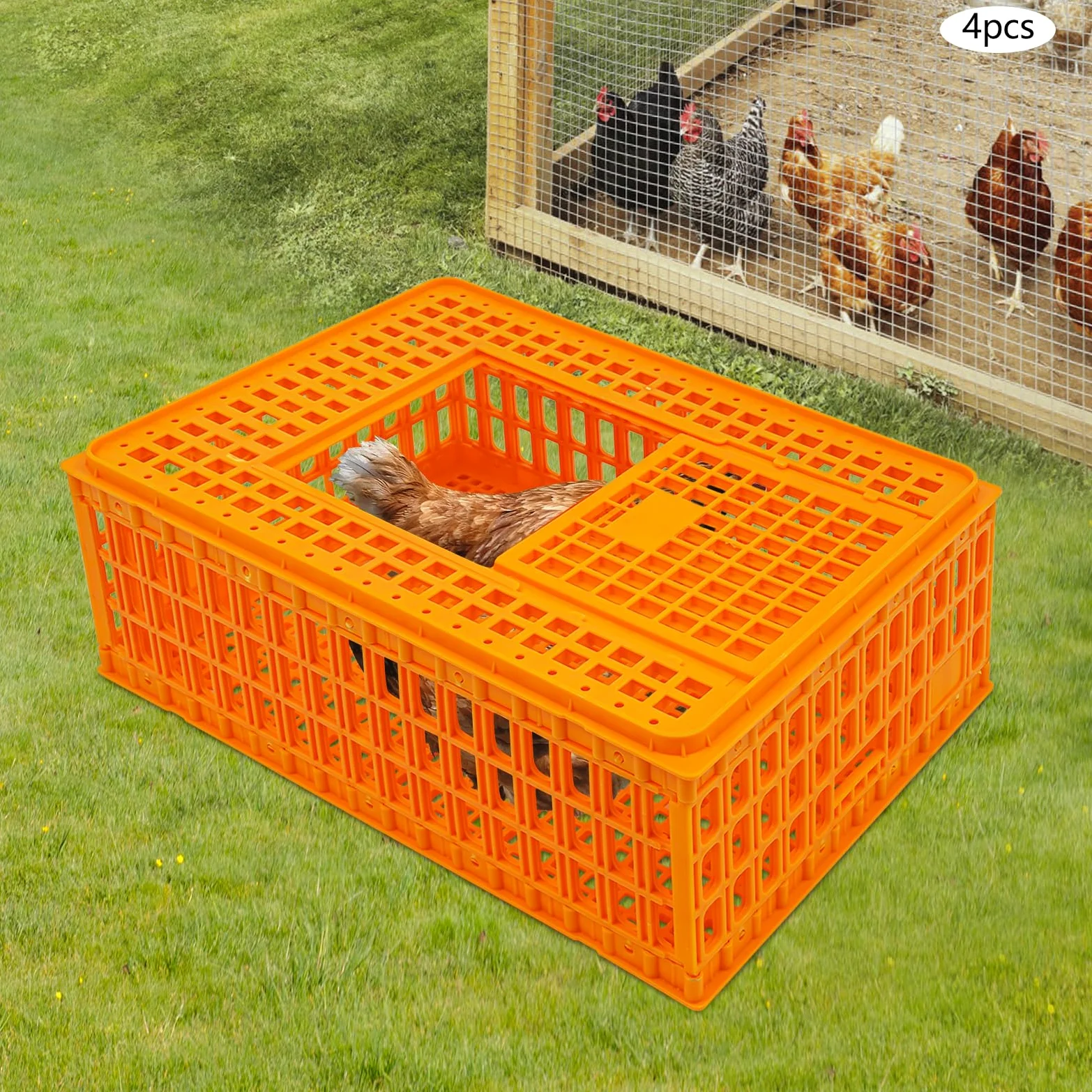 4 unidades de transporte para aves de corral, jaula de transporte de pollo con puerta corredera y asas de transporte, cesta para aves de corral, pollo, pájaro, pato, ganso, capacidad de carga de 200