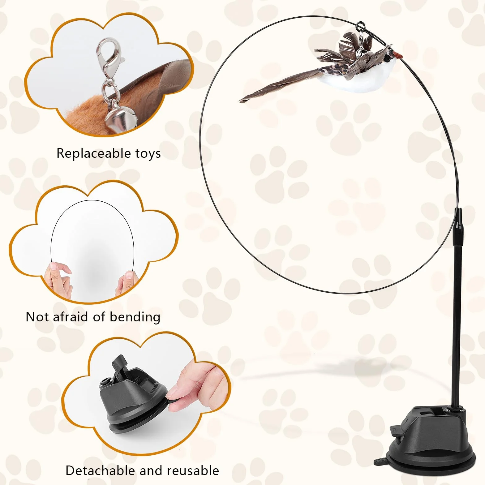 AiQInu 4 Piezas Juguetes para Gatos, Interactivo Juguete Gato con Ventosa, 1 Caña de Pescar para Gatos con 2 Campanas para Pájaros, Cat Toys Varita Mágica