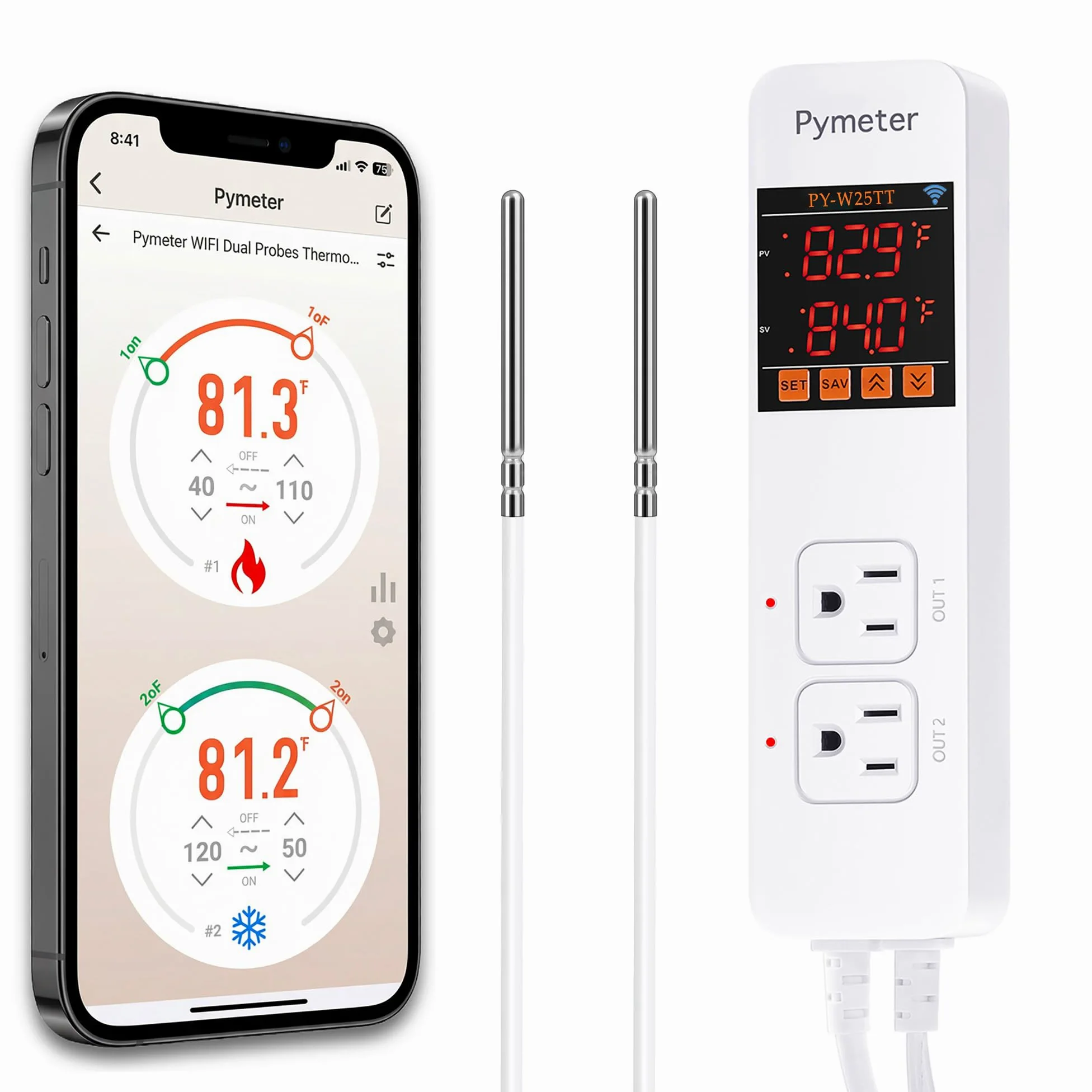 Controlador de temperatura con doble sonda WiFi, termostato, dos tomas de corriente para reptiles, almohadilla de calor, ventilador de refrigeración de invernadero, control inalámbrico