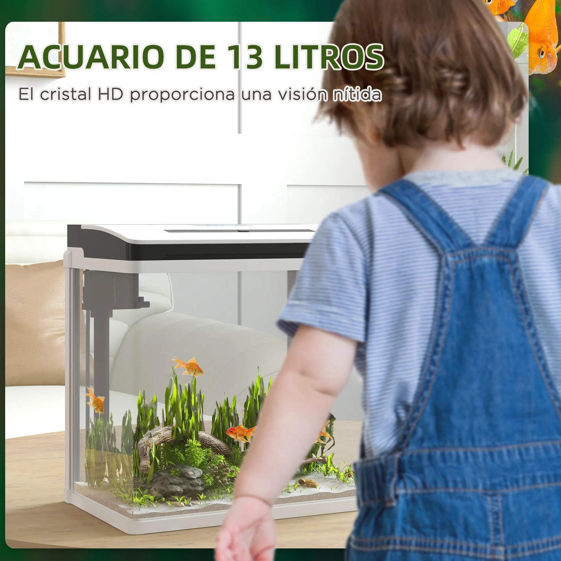 PawHut Acuario de Cristal de 13L Pecera Pequeña con Sistema de Filtro Iluminación LED Bomba de Agua 29x20x30,5 cm Blanco