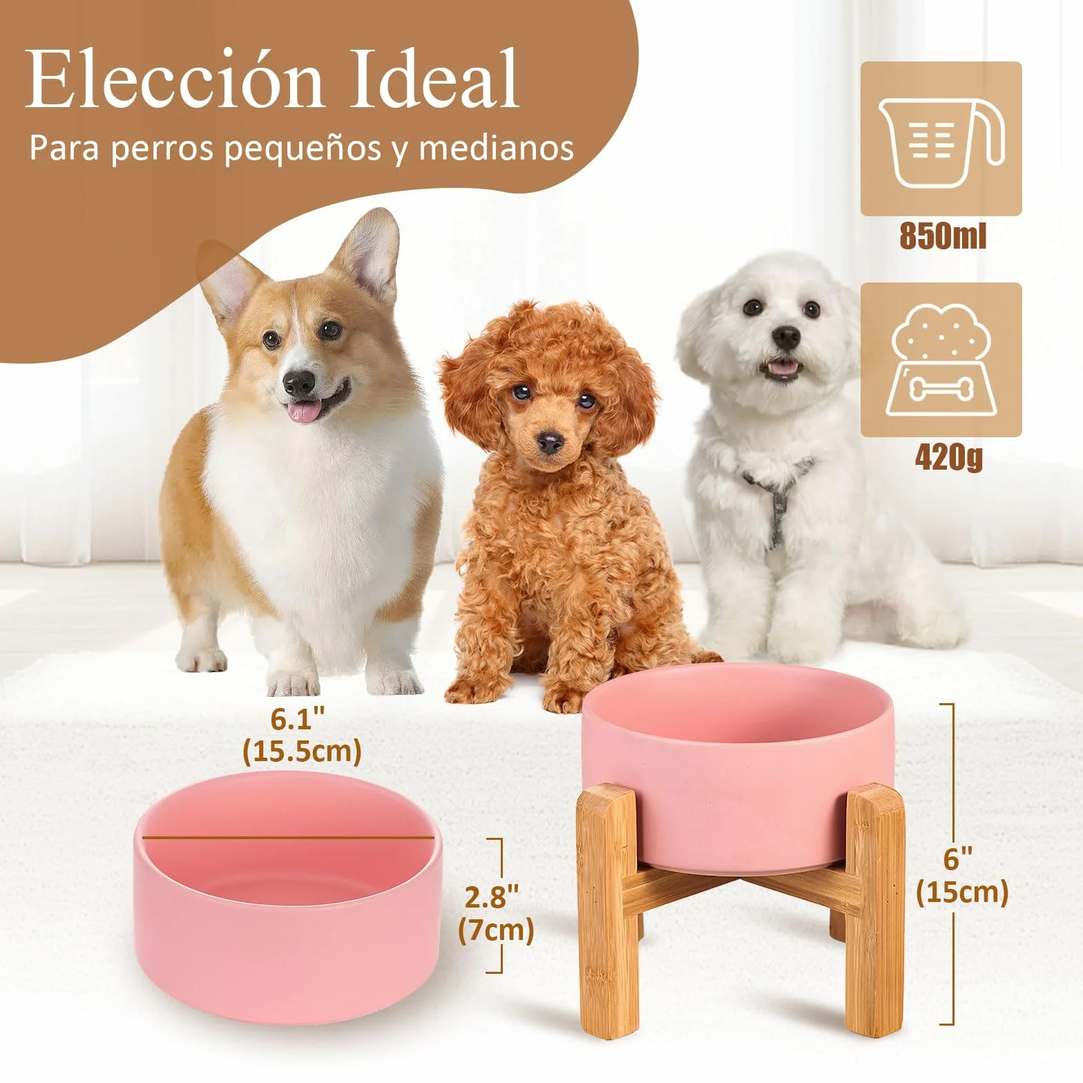 Blanca Ceramica Comedero Elevado Perro y Comedero Gato - 850 ml - En un Elegante Soporte de bambú - También Adecuado para Perros Grandes/Grandes felinos