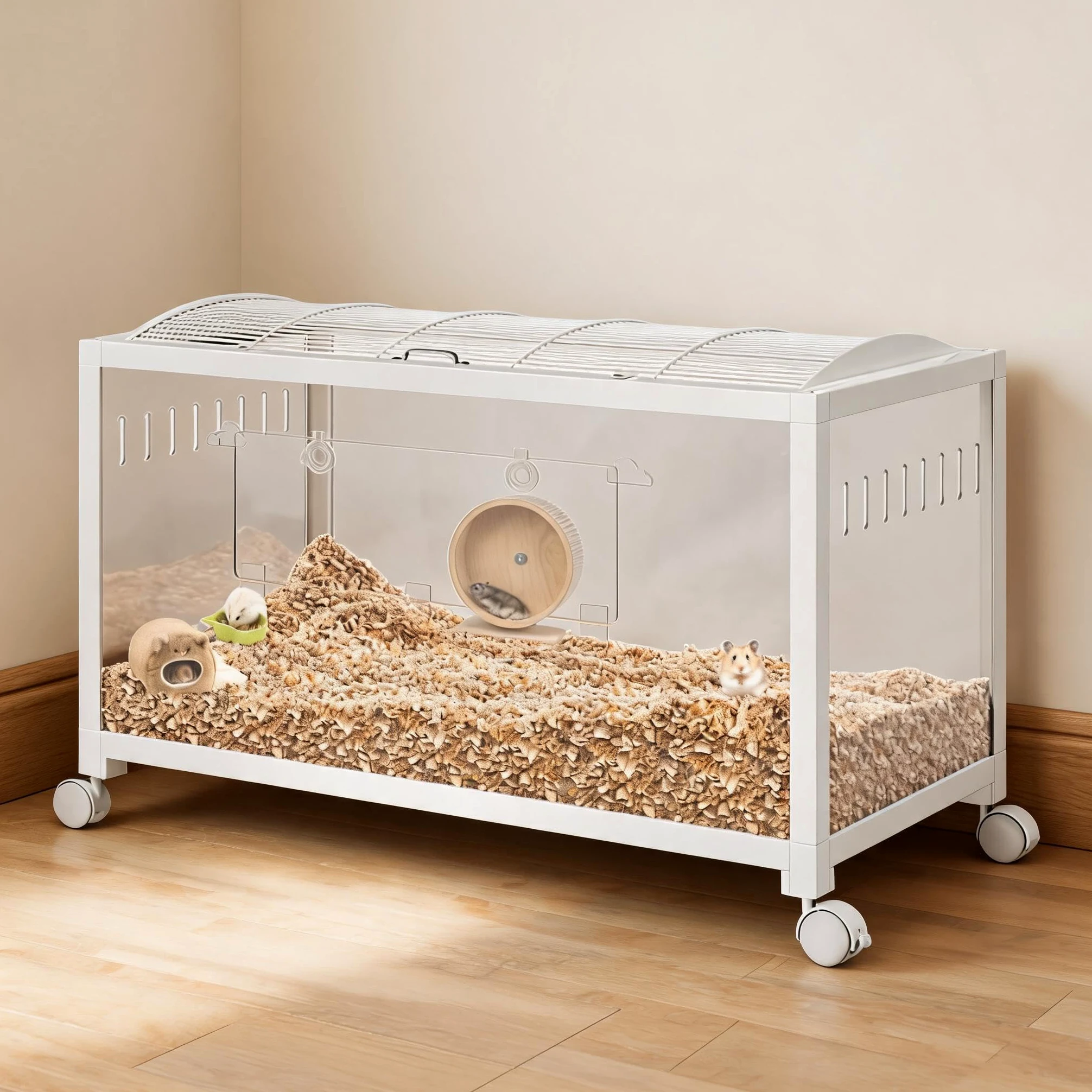 Jaula para hámster con ruedas grande, metal blanco, 96 x 47 x 50 cm | Montaje rápido y fácil, paneles transparentes para una visión completa, adecuado para hámsters cobayas, jerbos,