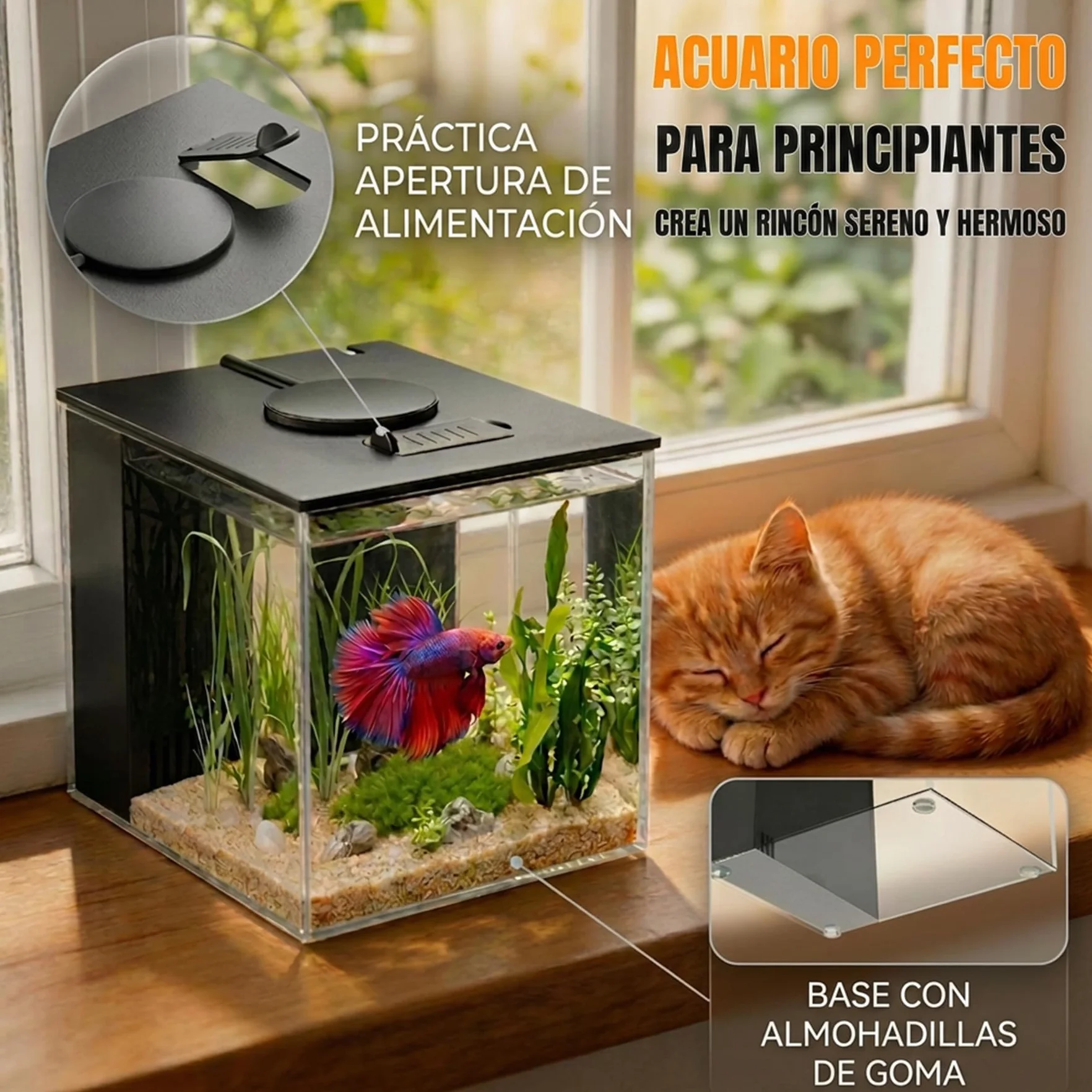 Vehipa 3,7L Acuarios pez Beta Completas, Pequeña Acuario de Acrílico con Bomba de Filtro de Agua y Luz LED, Ideal para Peces Pequeños, Gambas y Plantas (Negro)