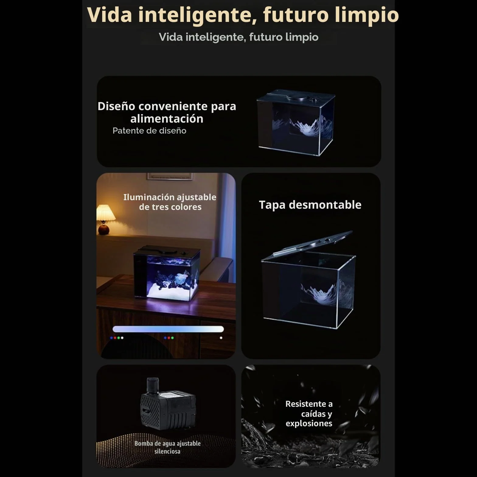 Acuario de mesa para el hogar con filtro lateral, filtración que mejora el oxígeno, bomba de flujo de 160 l/h, brillo ajustable de 10 niveles e iluminación LED (S)