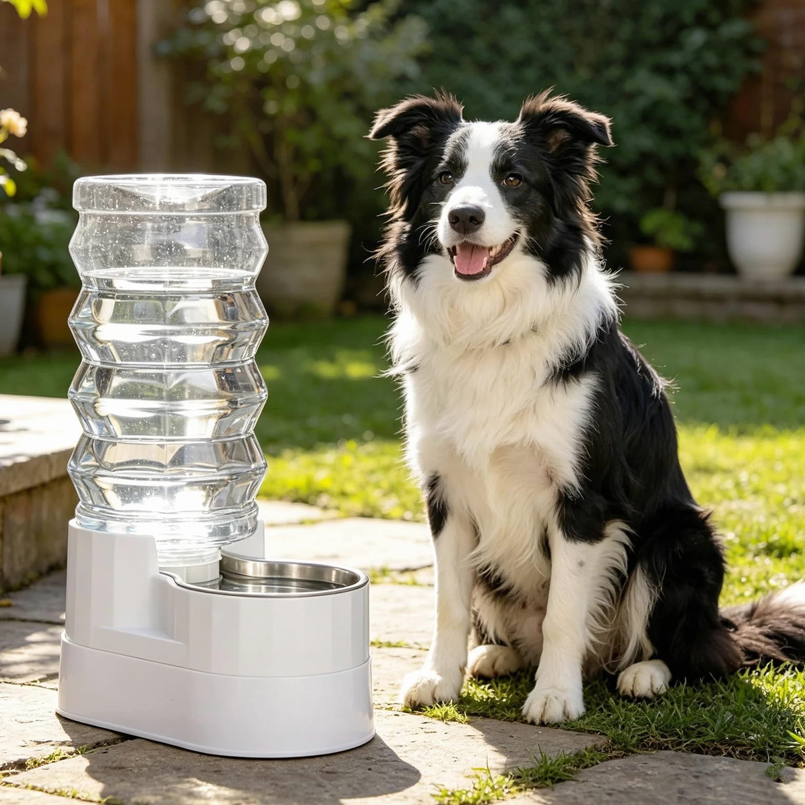 RIZZARI Dispensador elevado de agua para perros de acero inoxidable de 9 litros, bebedero automático por gravedad con diseño de hidratación filtrada, altura cómoda para beber para perros grandes y