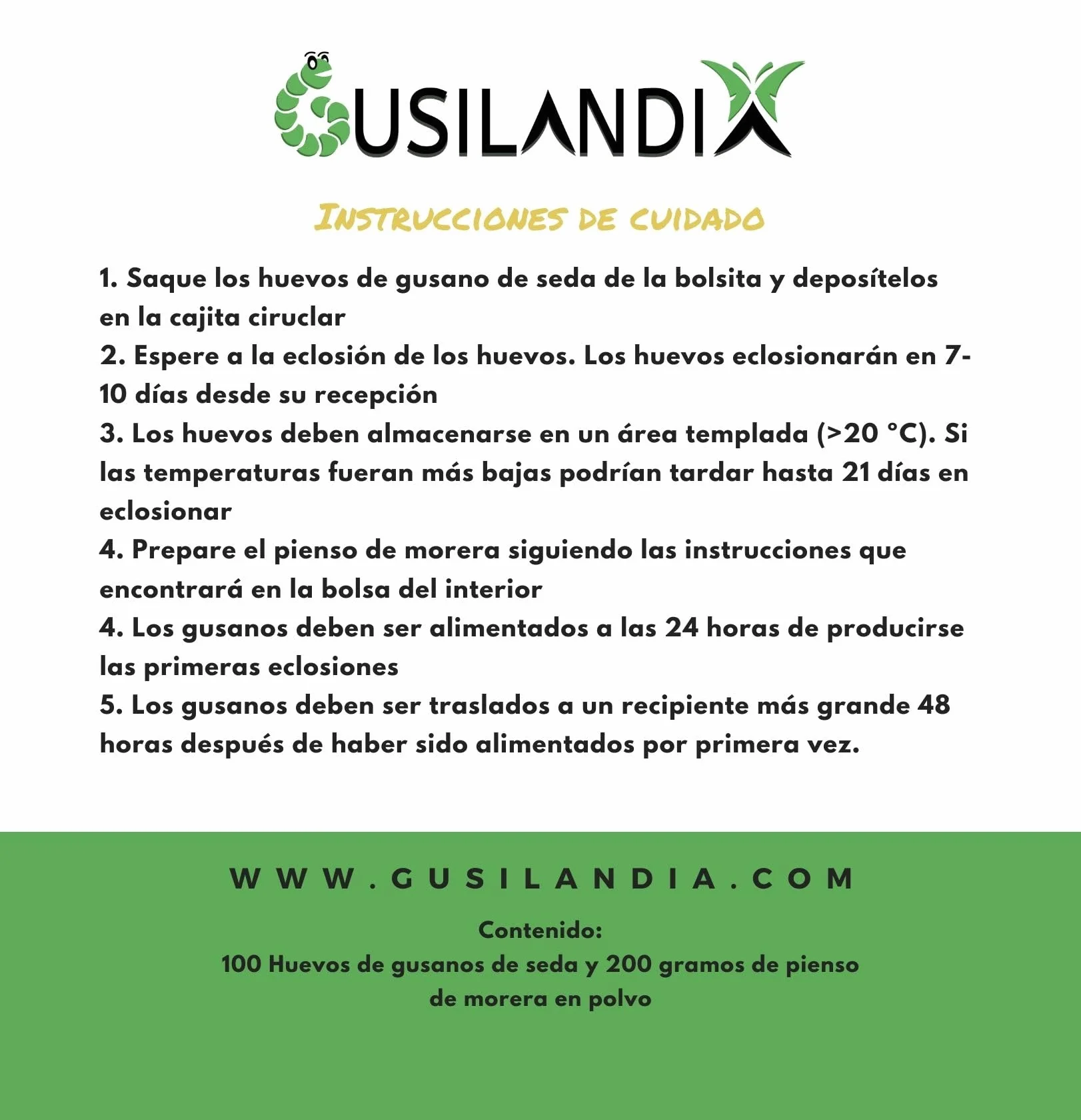 Kit Gusanos de Seda y pienso de Morera – Eclosión rápida -100 Huevos y 200 Gramos de Comida