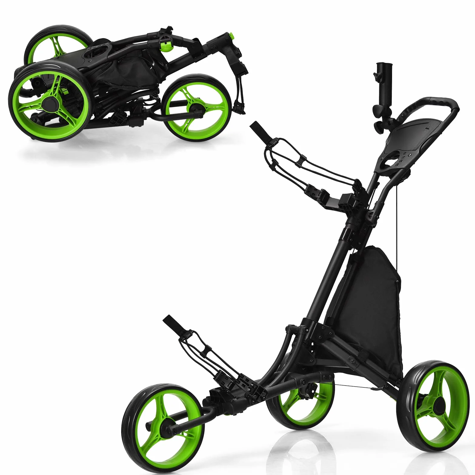 COSTWAY Carro de Golf Plegable 3 Ruedas con Bolsa Aluminio, Paraguas Regulable y Portavaso