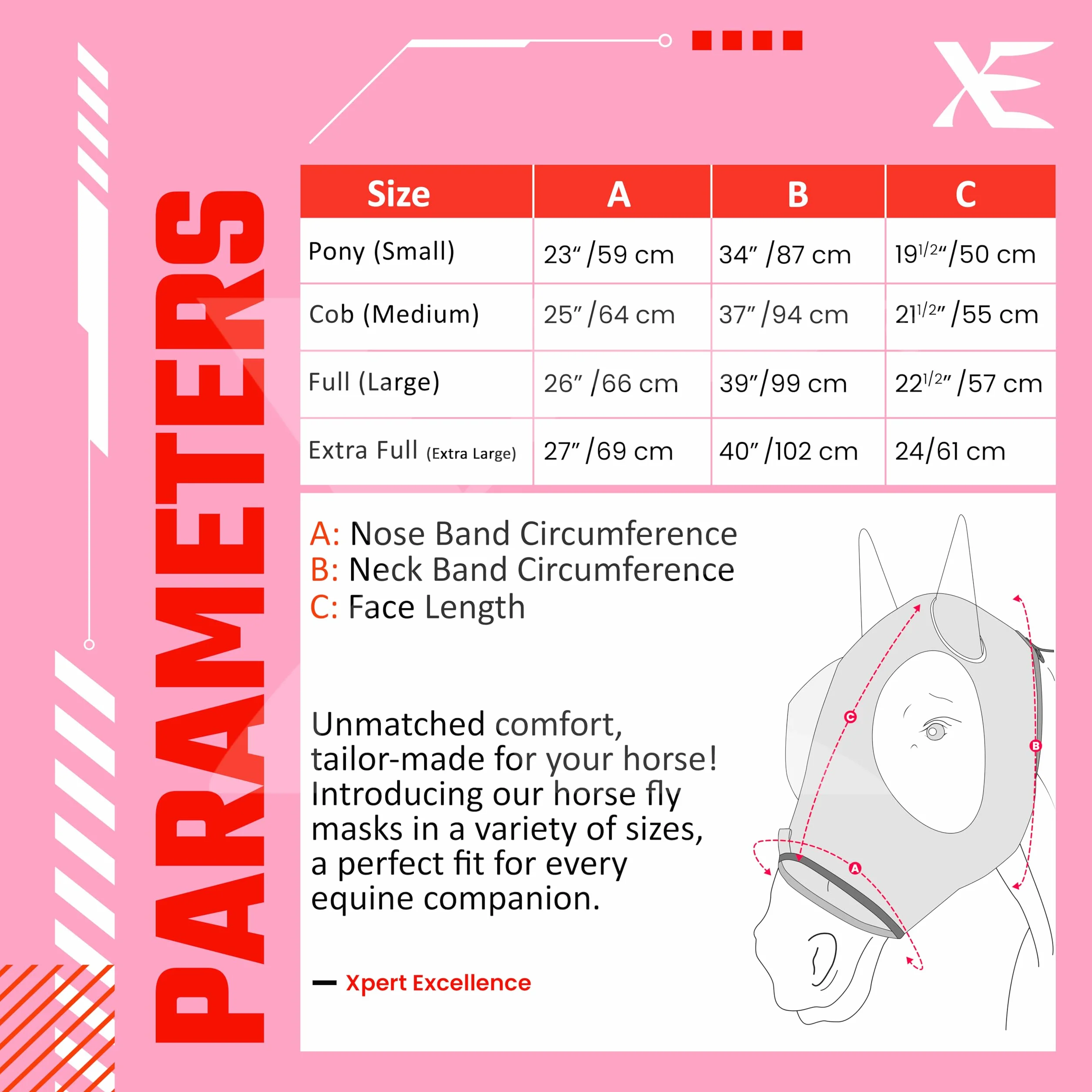 XE Máscara contra Moscas de Caballo con Orejas – Máscara de Caballo de Malla Transpirable para Cara Completa y Nariz para Protección UV y Mosca, Máscara Caballo (Half Pink Mask, COB (M))