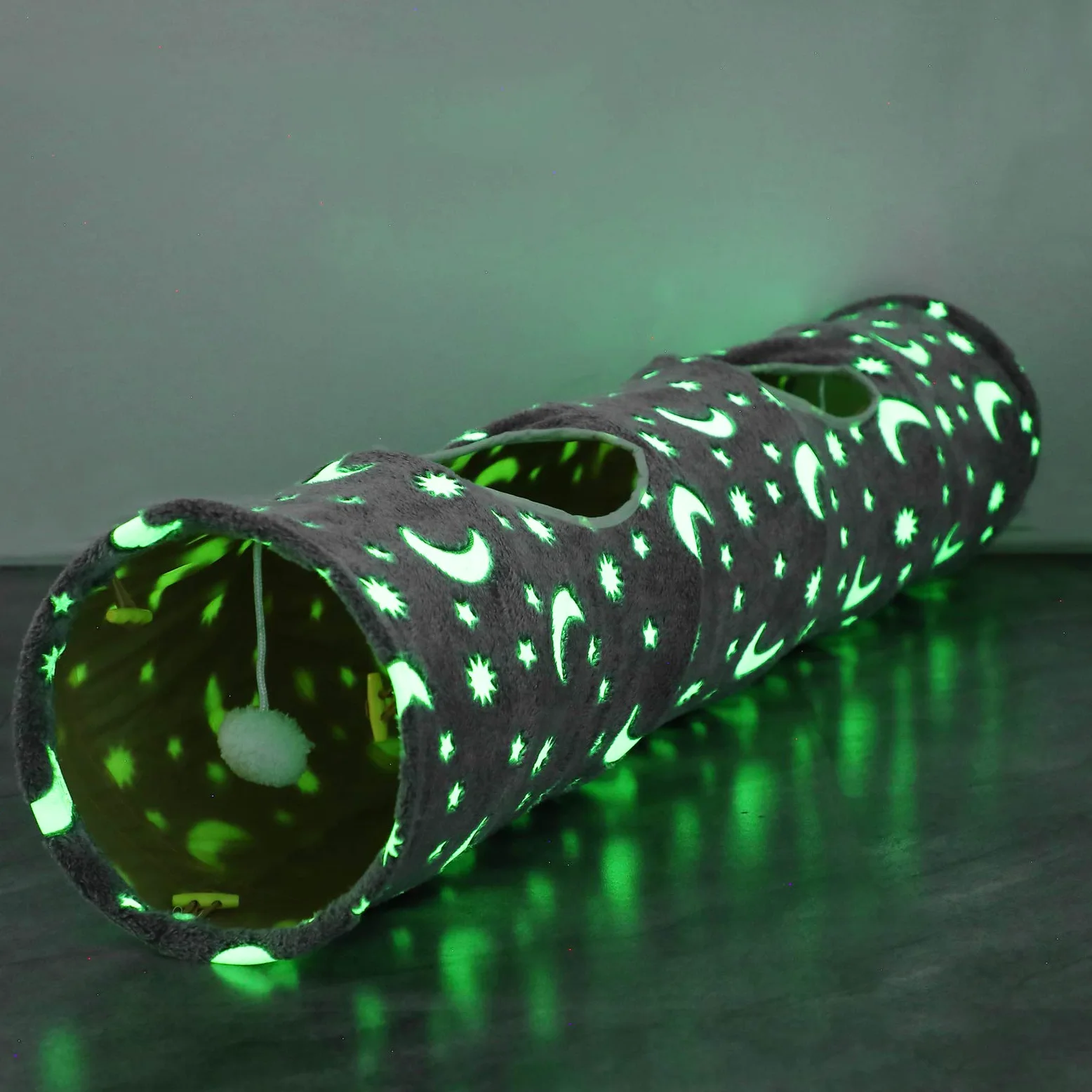 Tubo de túnel de gato con bola de peluche, plegable, fotoluminiscencia luminosa, para mascotas pequeñas, conejos, gatitos, hurones, cachorros y perros, estrella de luna gris