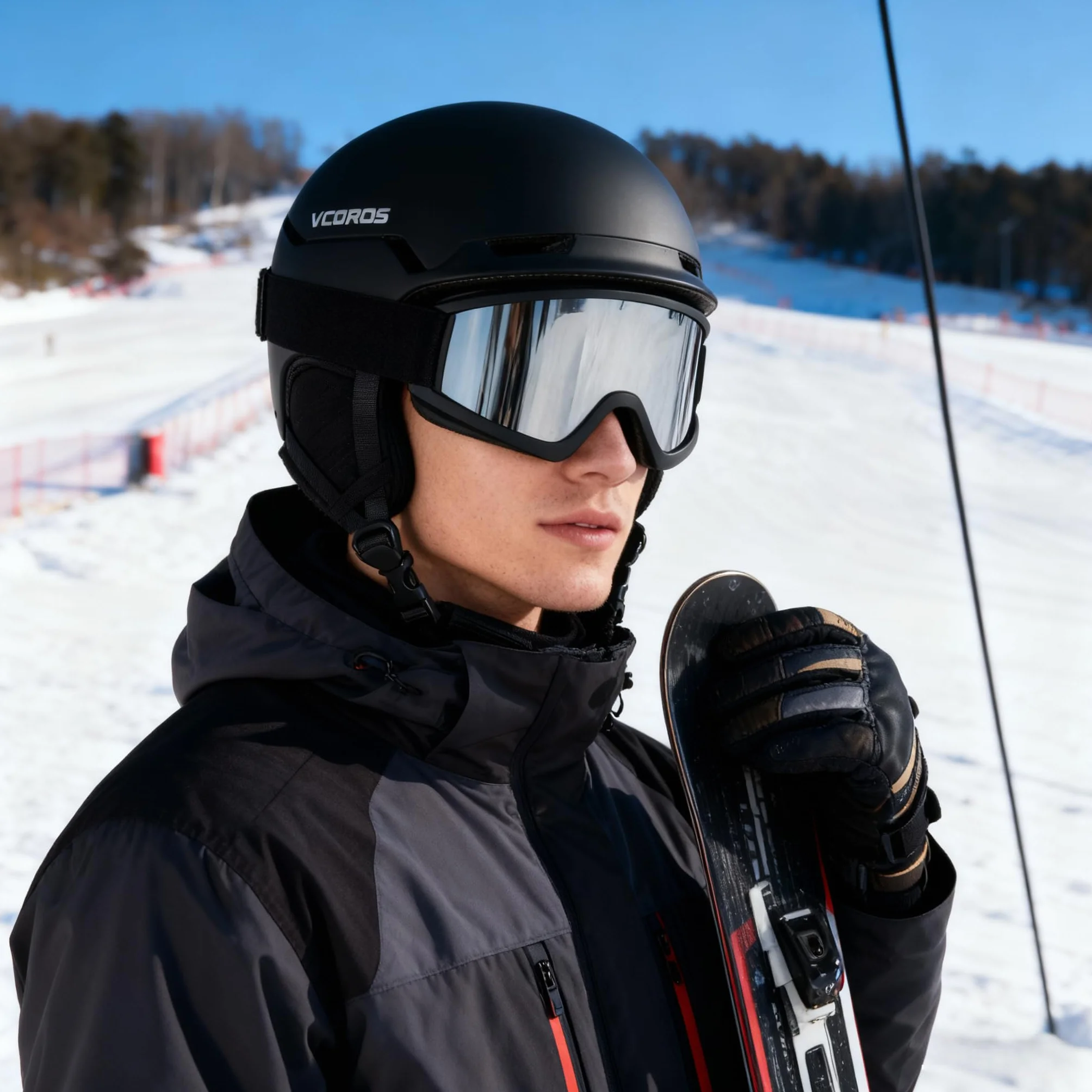 Casco de Esquí Kit con Gafas de Esquí, Capucha Transpirable UV, Orejeras Extraíbles para Hombre Mujer