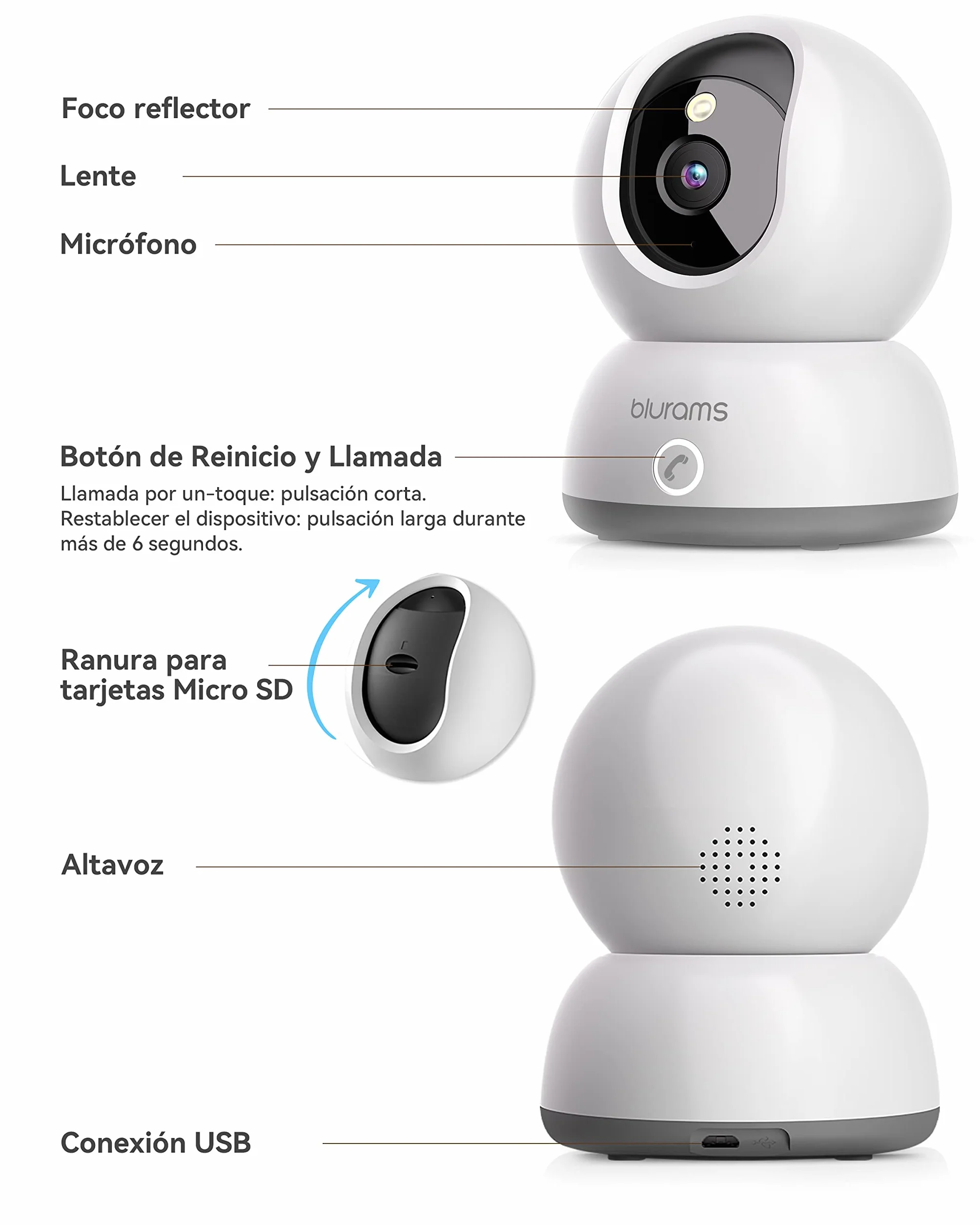 blurams Camara Vigilancia Wi-Fi Interior 2K, Cámara IP 360° Cámara Bebés,Camara Seguridad para Perros/Bebé/Ancianos,Visión Nocturna, Llamada One-Touch,Audio Bidireccional,Admite Tarjeta SD y Cloud