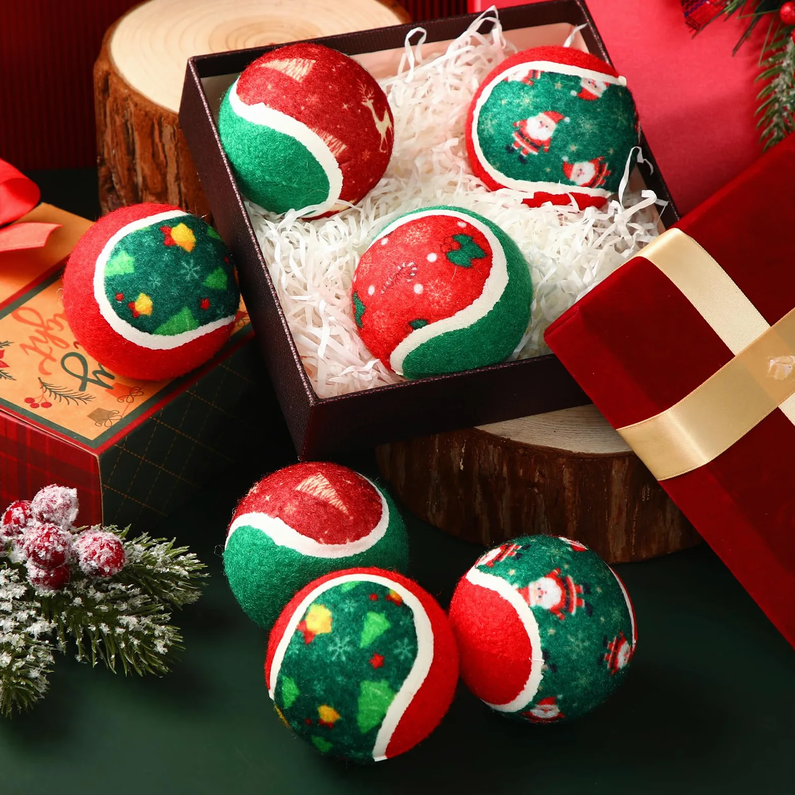 Hiboom 48 pelotas de tenis de Navidad para perros de 2.5 pulgadas, juguetes de Navidad para perros, juguete interactivo para perros pequeños, medianos y grandes, dentición, masticar, entrenamiento,