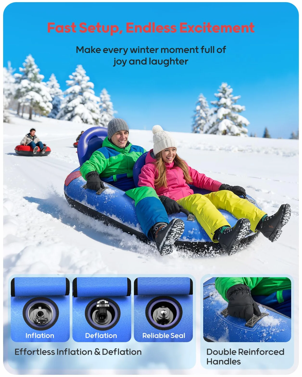 Neumático de nieve inflable para niños y adultos con dos respaldos y cuerda de tracción, asas, válvulas de soplado rápido (azul)
