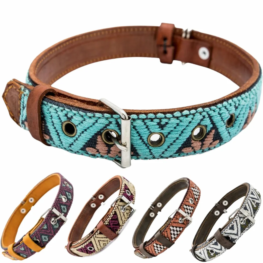 Collar de perro occidental, diseño bordado de cuero para perros pequeños, medianos y grandes y cachorros, azteca y suroeste para niños y niñas, hembras y machos, collar para perros con