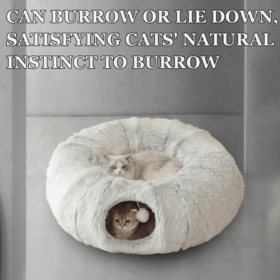 Túnel de gato Nirvana, túneles para gatos de interior, cama de túnel de felpa con bolas de juguete y almohadillas lavables, tubo de túnel multifuncional para gatitos y cachorros de conejo (gris, talla