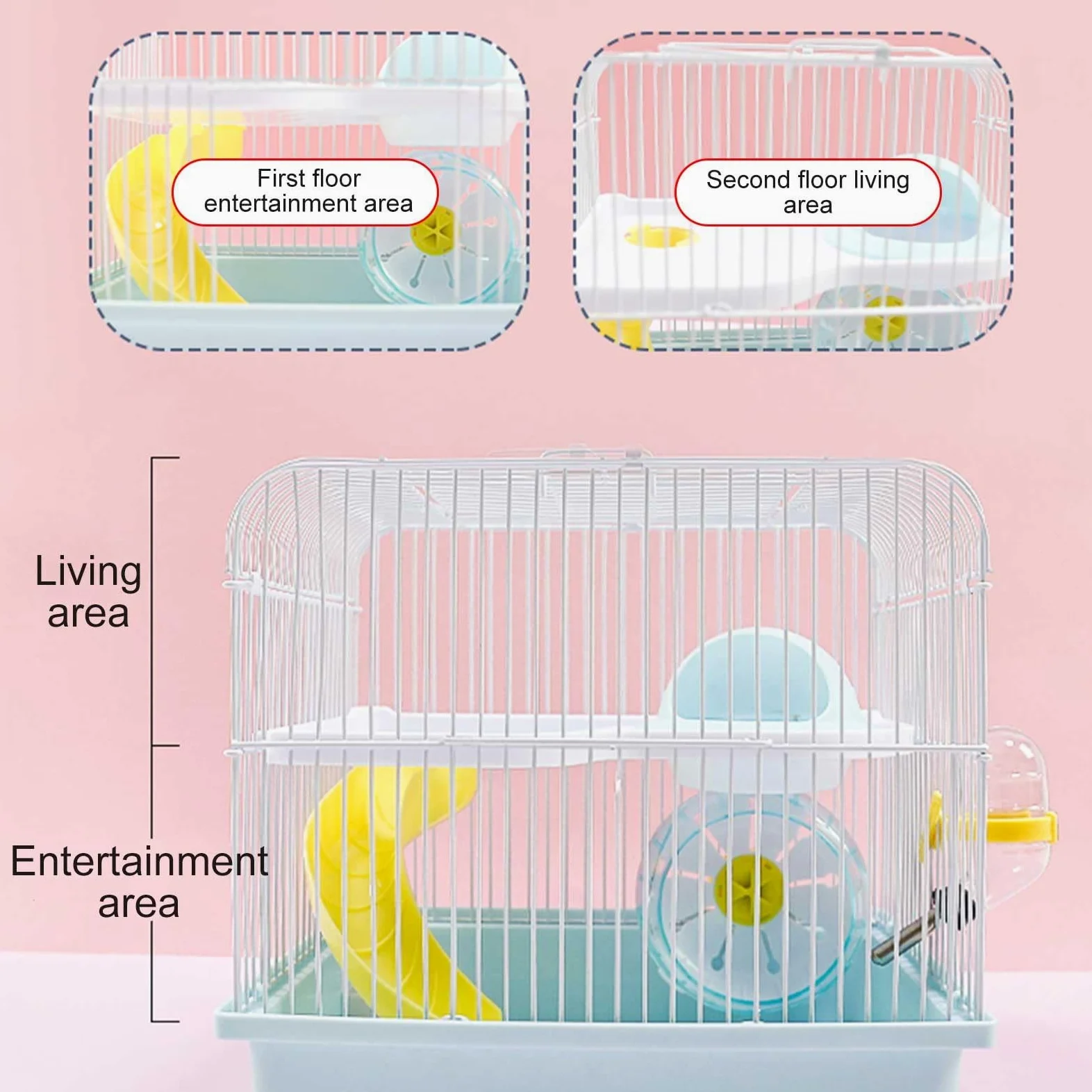 Jaula para hámster, hábitat de 2 pisos con dormitorio, hervidor, caja de comida y tobogán para animales pequeños, recinto ideal para ratones, jerbos y erizos